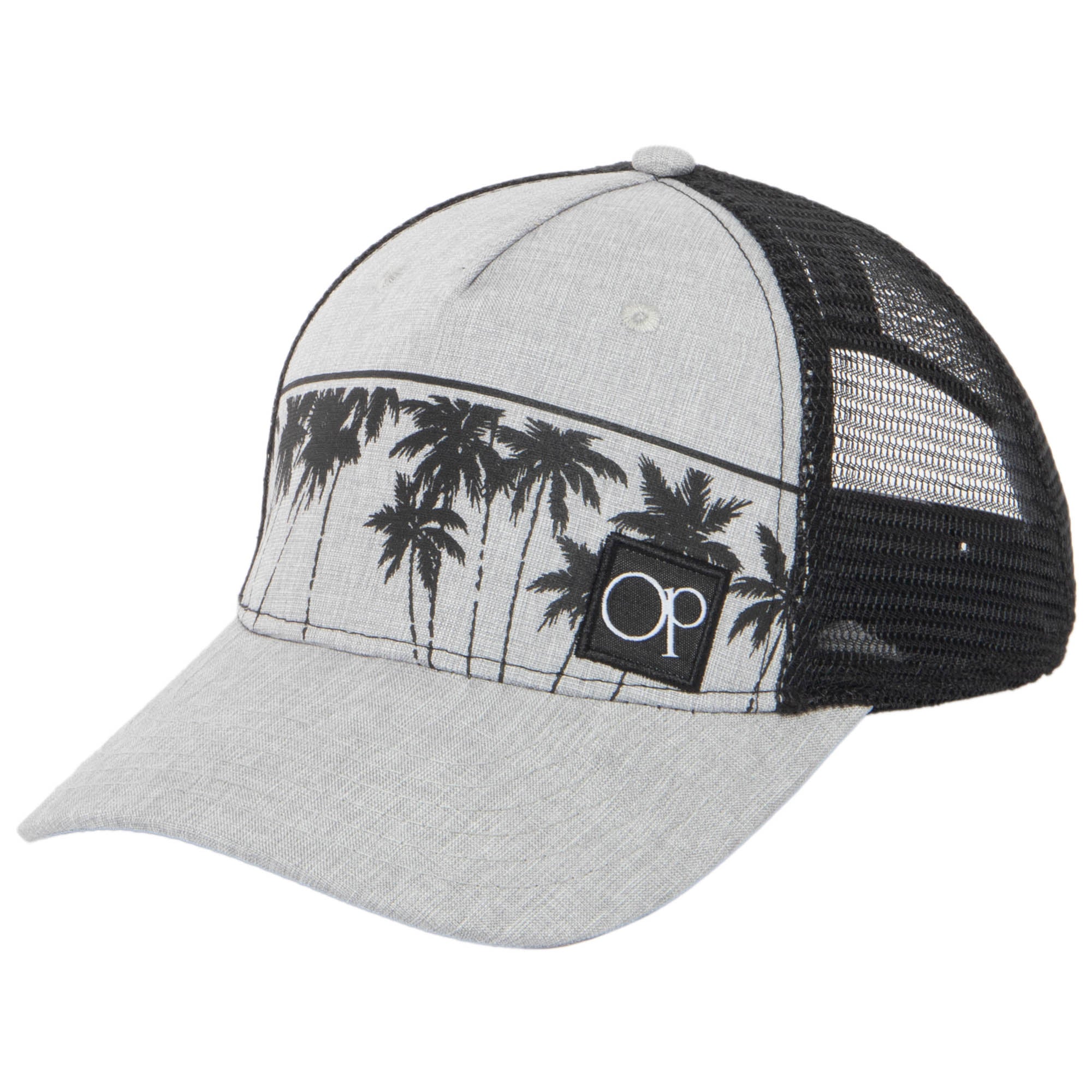 Ocean Pacific 5 Panel Trucker Hat with Grey Palm Leaf Print - Stylish & Breathable Baseball Cap for Men & Women - Perfect for Outdoor Activities, Beach, Hiking & Casual Wear