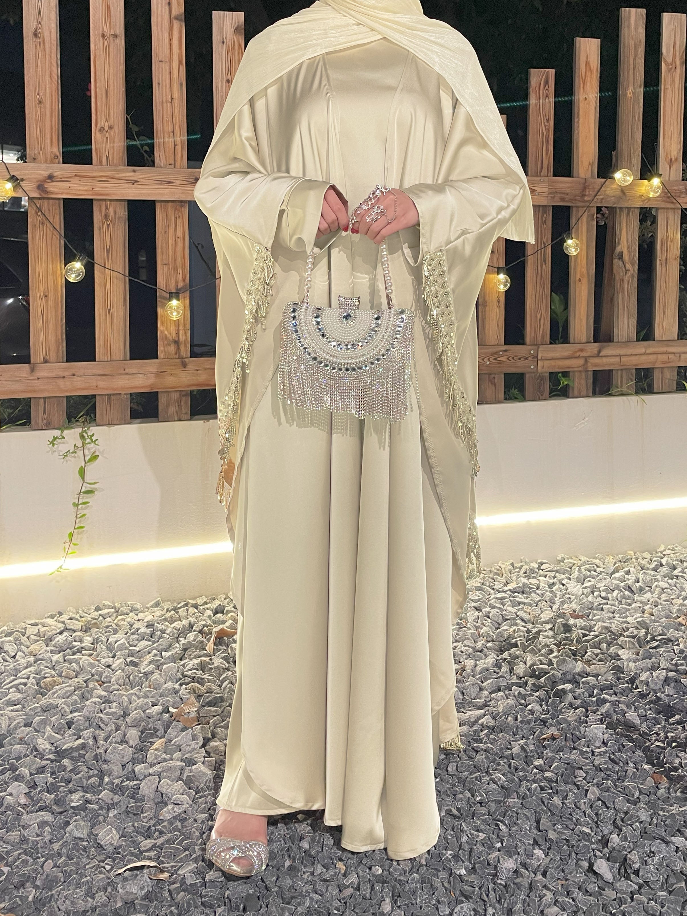 Butterfly Satin Tassel Convertible Abaya & Dress Duo - Modest Muslim Women's Day to Night Outfit for Prayer, Wedding & Special Occasions
