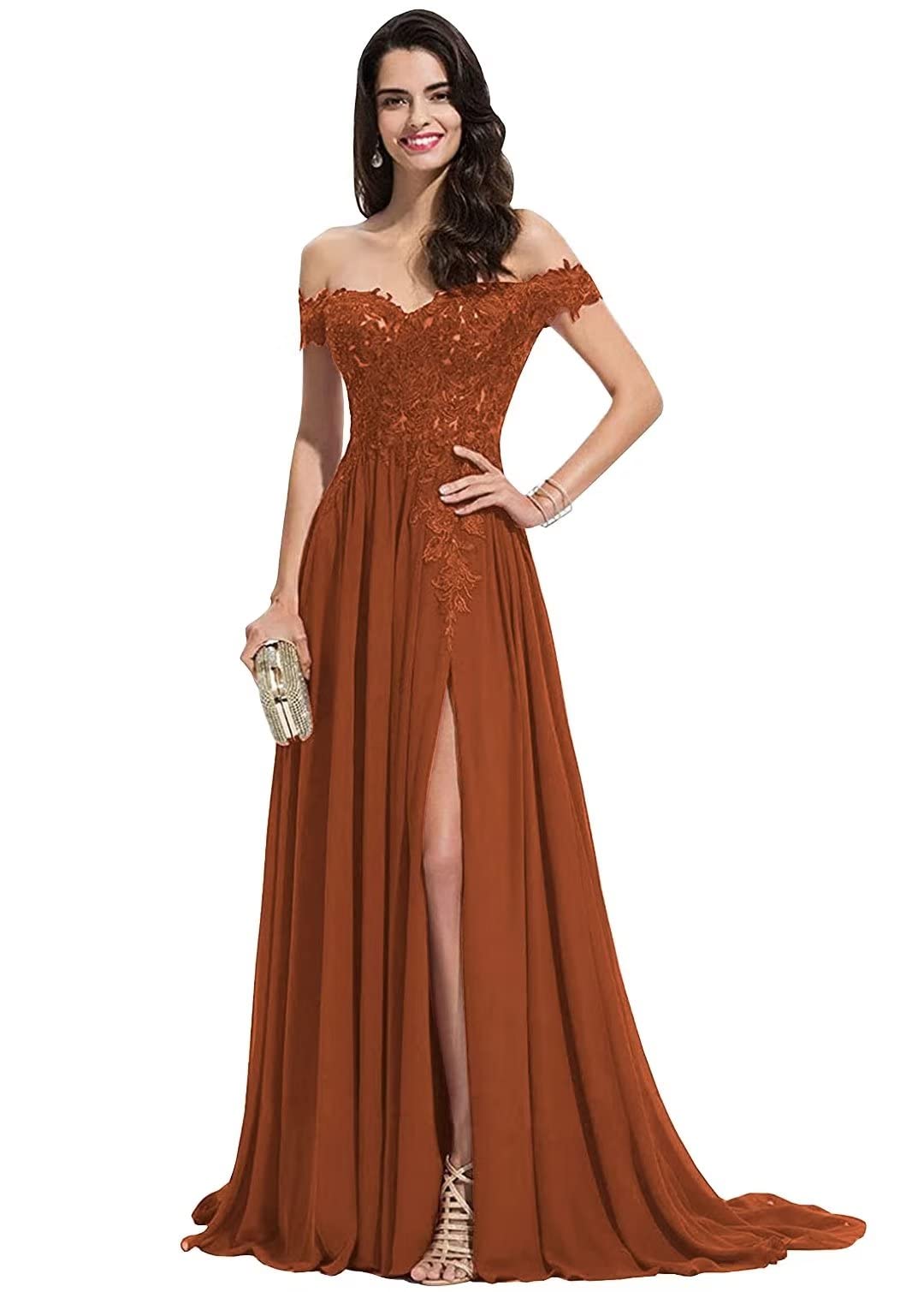 FANGHEIA Women's Lace Applique Off Shoulder Prom Dress Long High Slit V-Neck Formal Party Gown - Elegant Evening Gown for Homecoming, Wedding Guest, Cocktail Party & Special Occasions