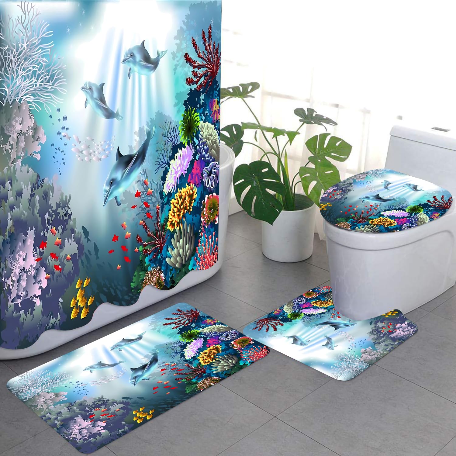 Bella Ocean Coral Reef and Wildlife Shower Curtain Set with Bath Rugs & Accessories - Waterproof Polyester Fabric & Memory Foam - Tropical Beach Theme Printed Bathroom Decor for Coastal, Nautical or Vacation Home Style