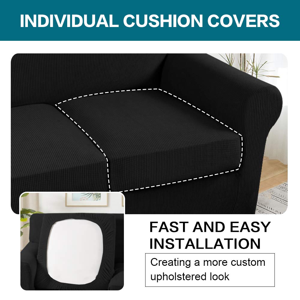 Turquoise 3-Piece Sofa Slipcover Set for 2-Cushion Couches - Soft, Washable Furniture Protector with 2 Individual Cushion Covers - Thick Fabric Pet-Friendly Sofa Cover (Black) - Perfect for Living Room, Family Room & Pet Owners