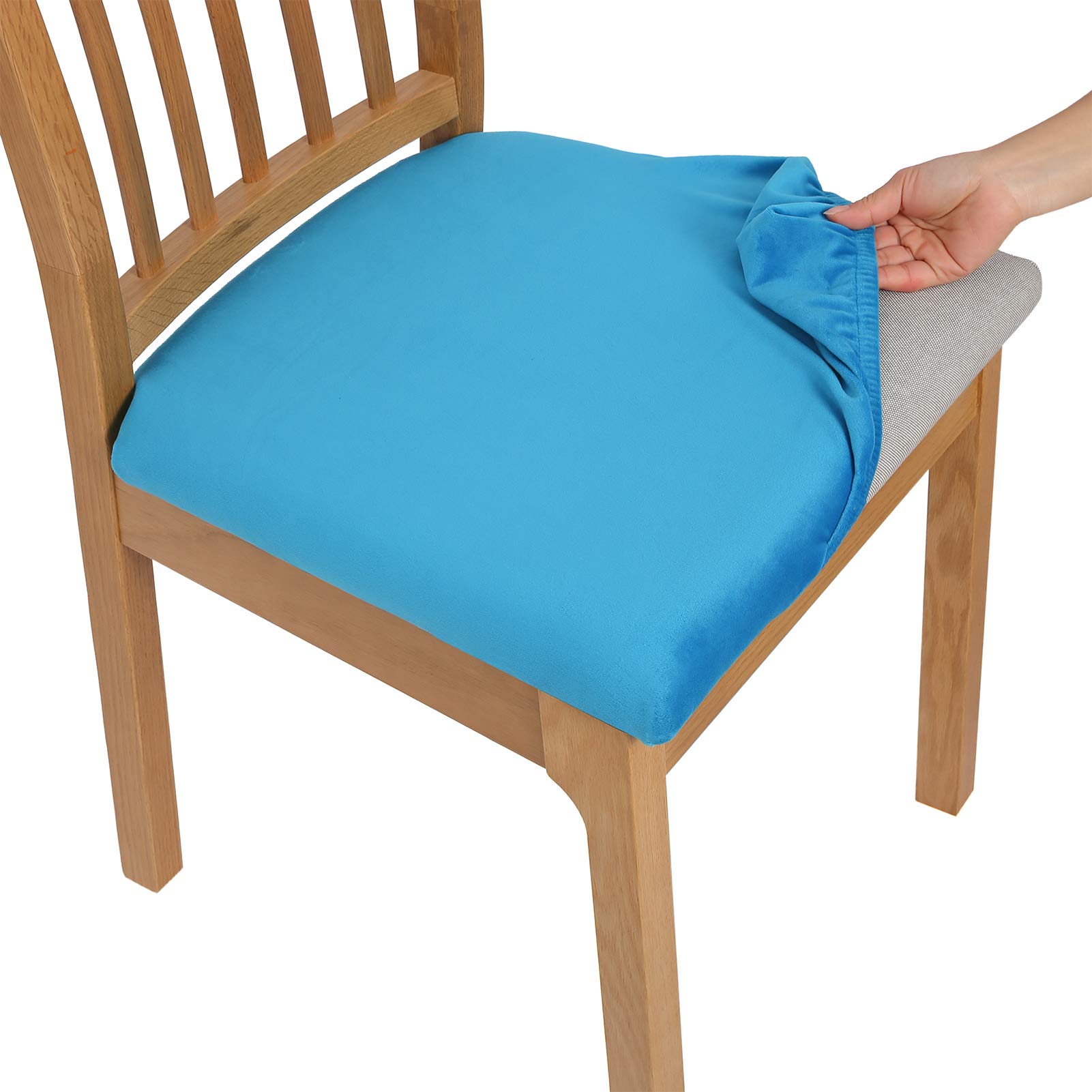 Comqualife Soft Velvet Dining Chair Covers - Stretchable Washable Seat Cushion Slipcovers for Kitchen & Dining Room - Dust-Proof Removable Protector (Azure, 1 Pack) - Perfect for Home, Restaurant, and Office Use