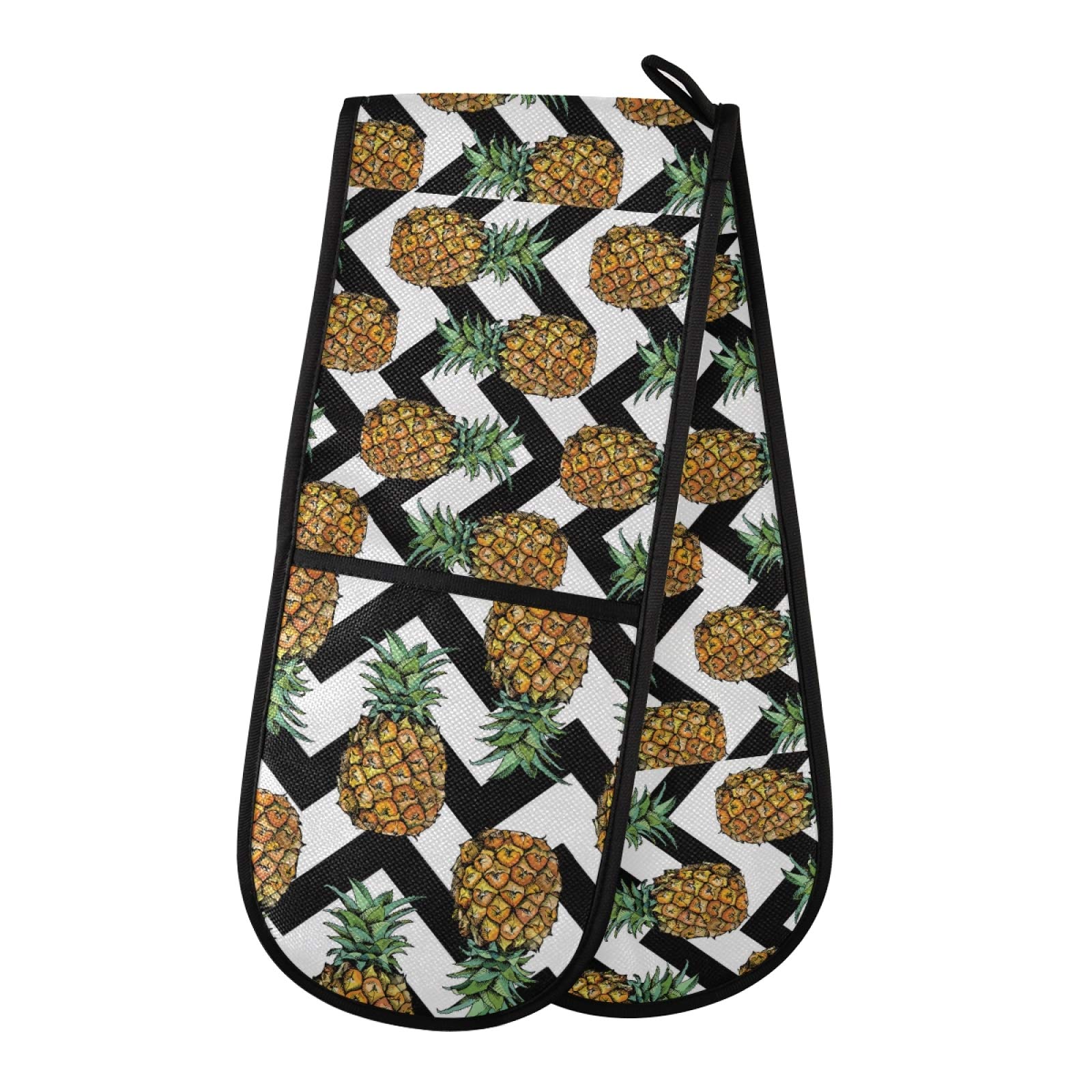 Heat Resistant Oven Mitts & Pot Holders Set - Black White Chevron Pineapple Design, 35