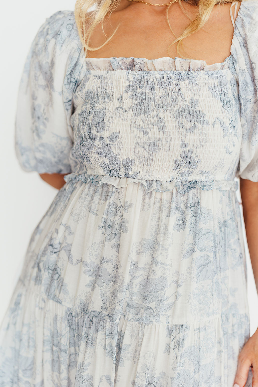 Elena Floral Print Smocked Midi Dress in Blue - Bump Friendly Maternity Dress & Inclusive Sizing for Women - Perfect for Baby Showers, Bridal Events & Summer Weddings