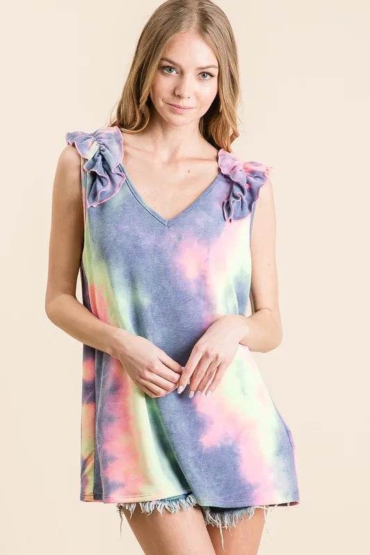 BiBi Tie Dye French Terry V-Neck Ruffle Top for Women | Soft Casual Blouse for Spring & Summer | Perfect for Beach Outings, Brunch Dates, and Weekend Wear