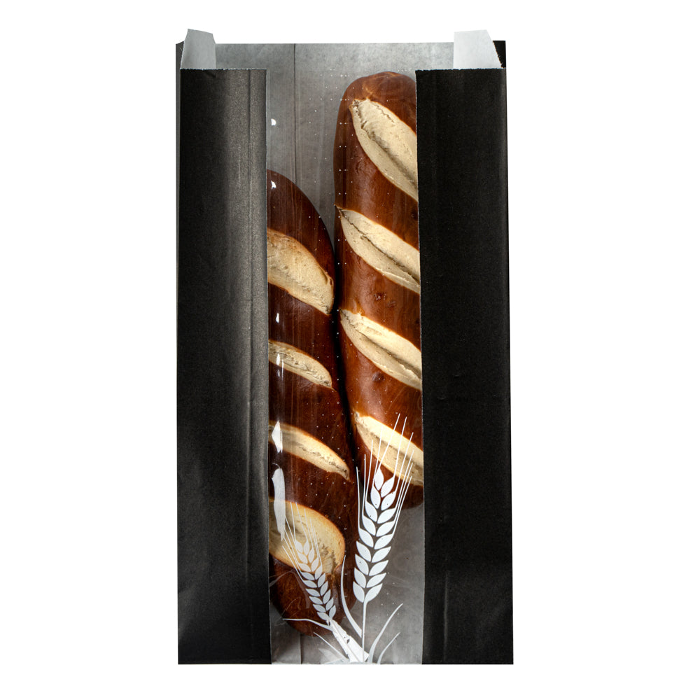 Black Paper Bread Bags - Micro Perforated, Greaseproof, Wheat Pattern (5.75