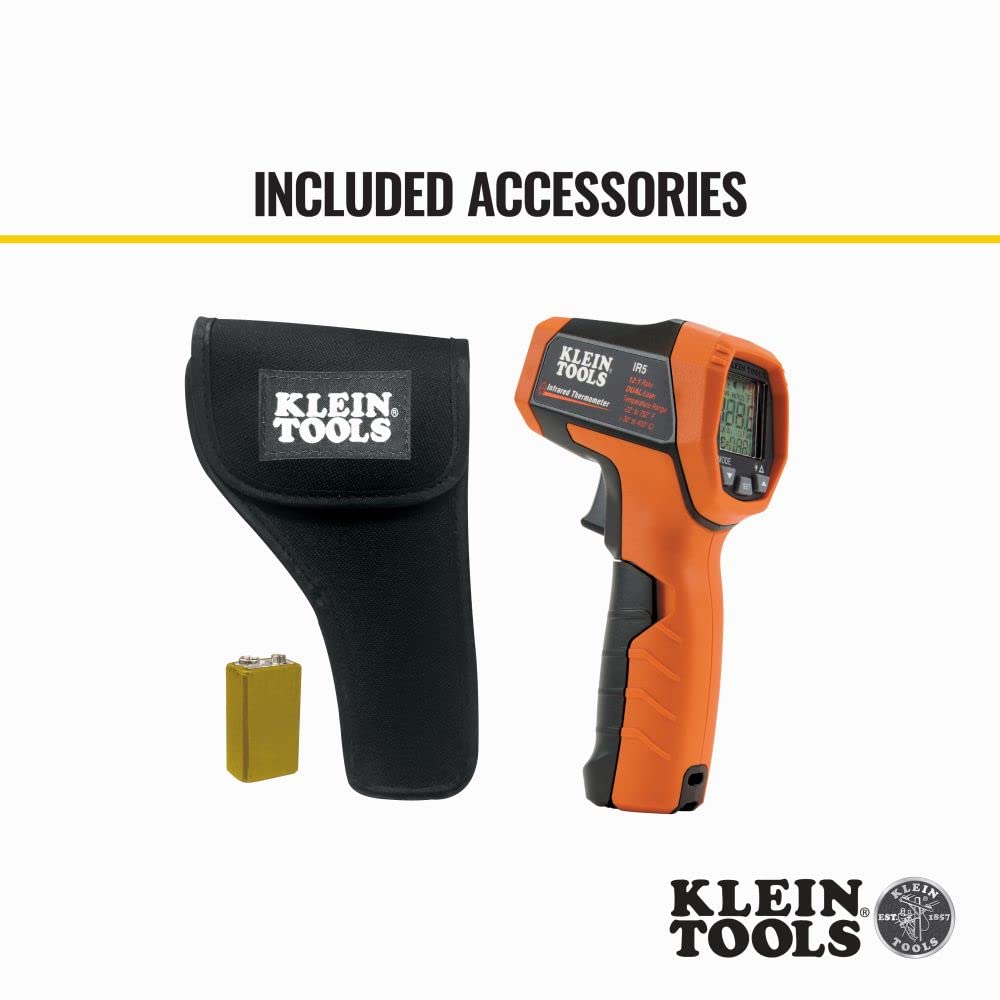 Klein Tools IR5 Dual Laser 12:1 Infrared Thermometer Gun - Digital Temperature Gun with Backlit LCD Display, Dual Laser Targeting & Auto Scan Mode (-58°F to 1202°F) - Perfect for HVAC, Automotive, Cooking & Industrial Temperature Measurements
