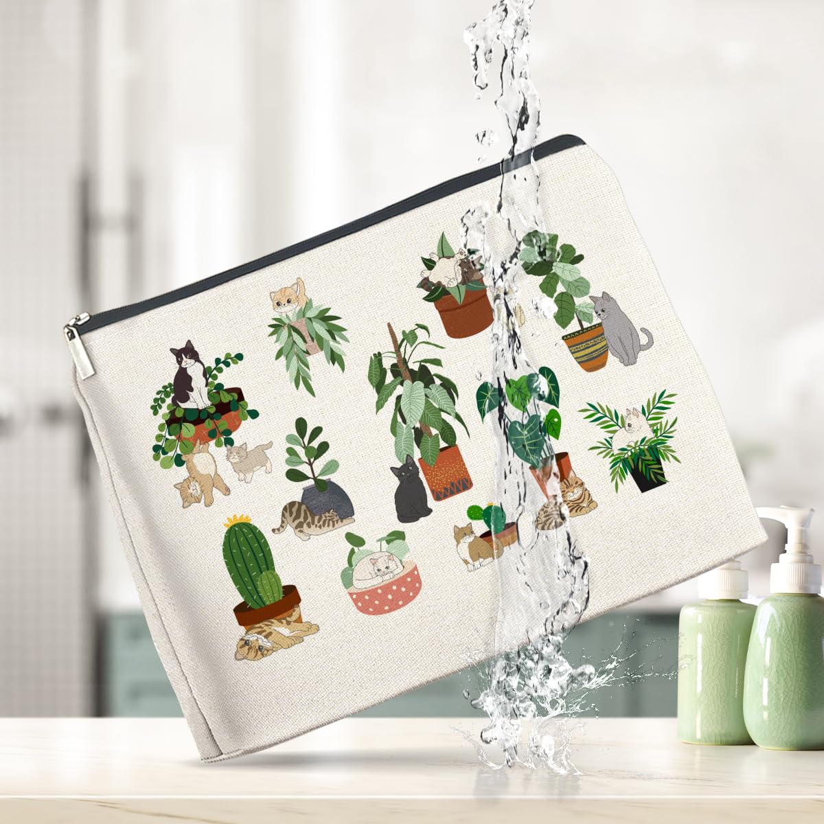YeleY Black Cat Makeup Bag - Cute Cosmetic Pouch for Cat Lovers & Plant Enthusiasts - Perfect Gift for Women, Cat Moms - Waterproof Zippered Travel Organizer for Makeup, Toiletries & Essentials