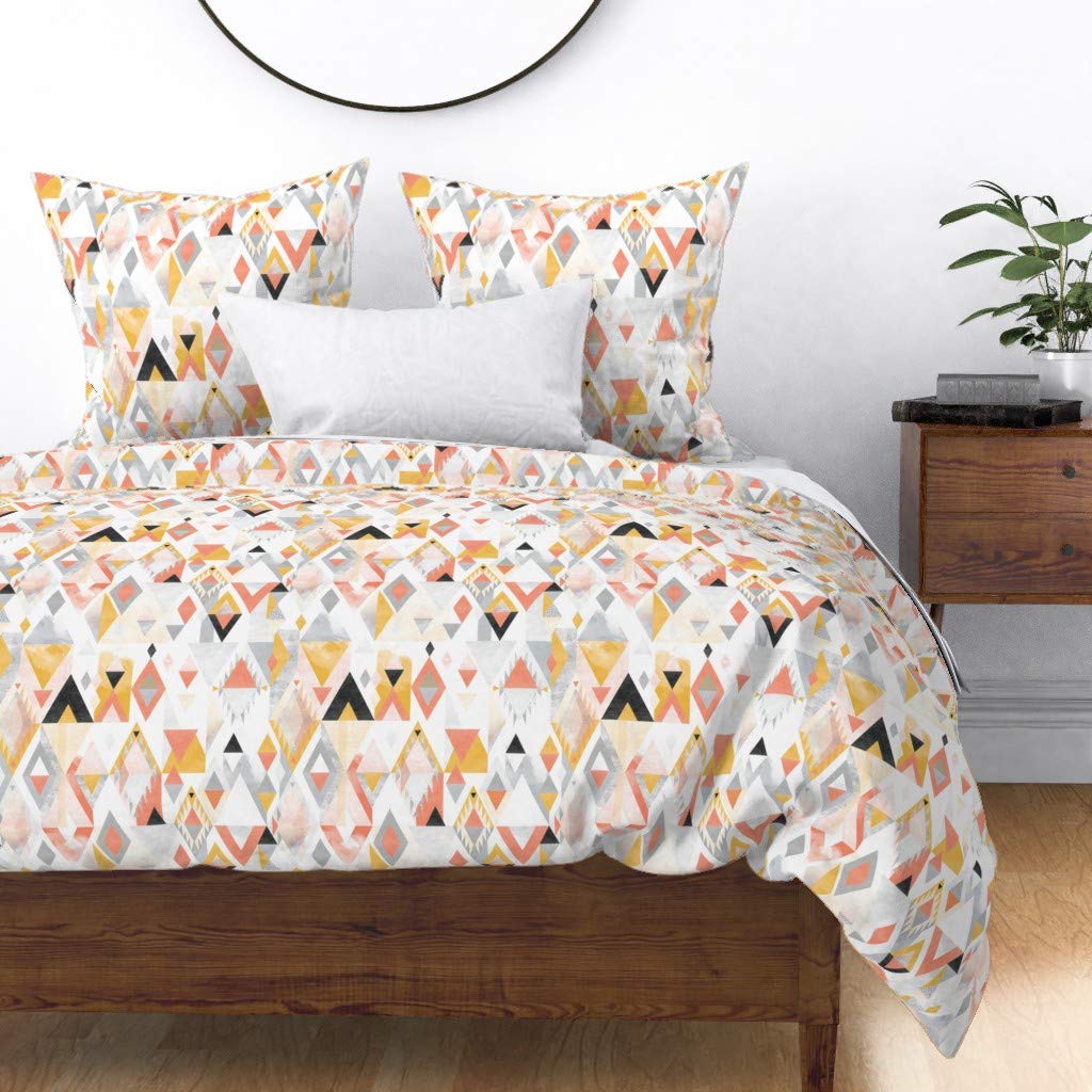 Cotton Sateen Duvet Cover Twin Size - Midcentury Modern Boho Geometric Print Bedding Set in Coral & Mustard, Southwestern Watercolor Design for Bohemian Bedroom Decor | Custom Home Textiles by Spoonflower | Perfect for Guest Rooms, Dorms & Cozy Bedroom Makeovers