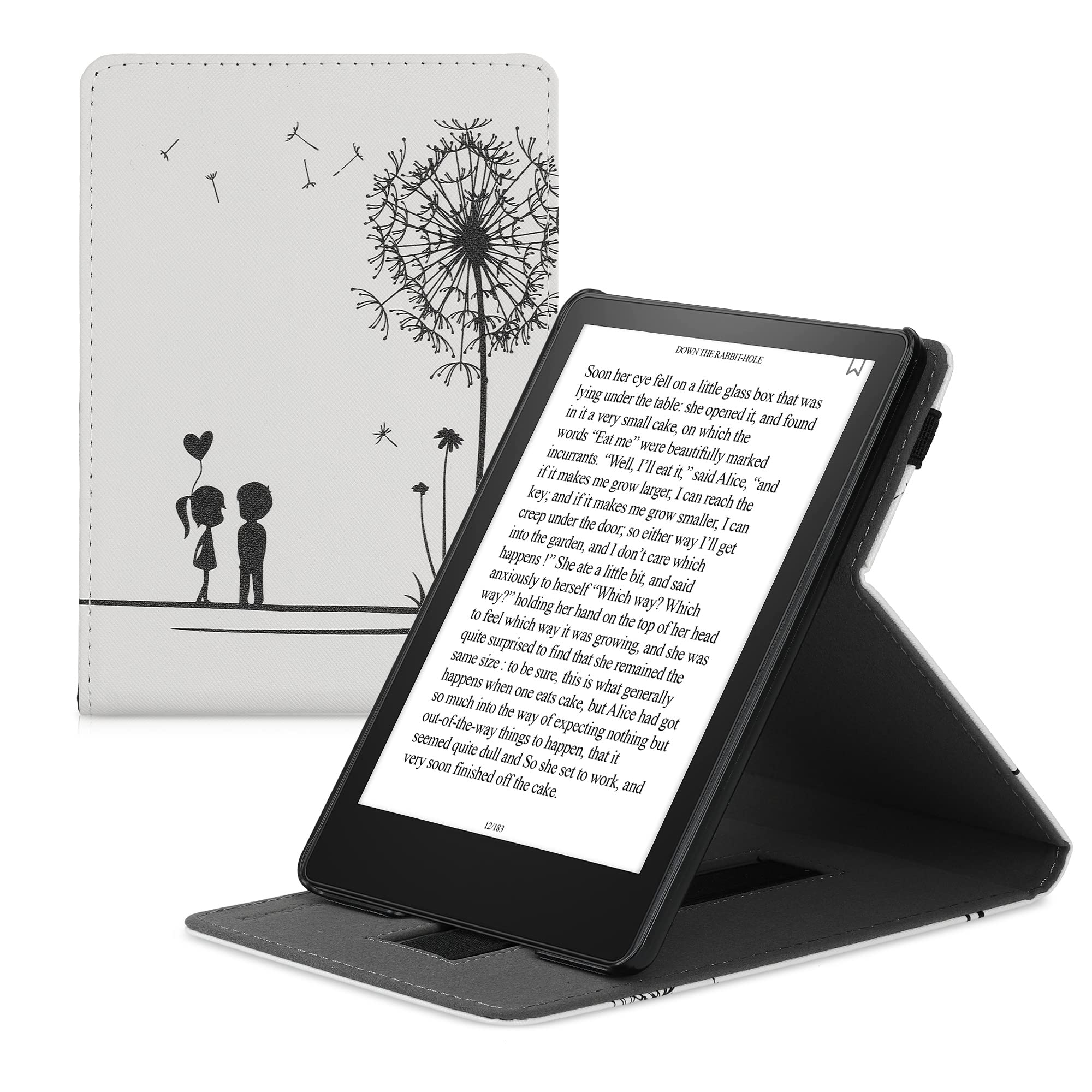 kwmobile Protective Case Cover for Amazon Kindle Paperwhite 11th Generation (2021 Model) - Stand & Hand Strap - Dandelion Love Black/White Design - Perfect for Reading, Travel, and Daily Use