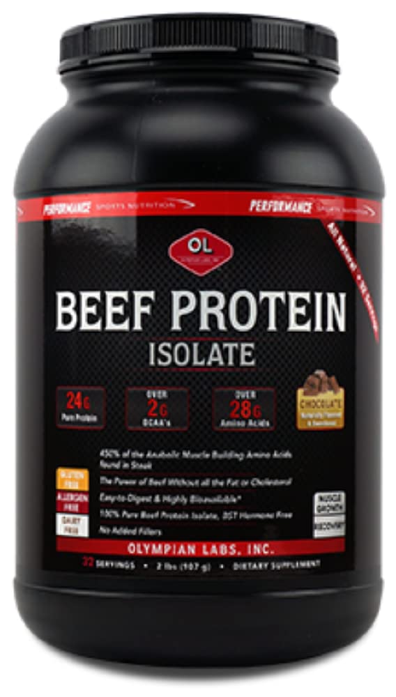 Olympian Labs Beef Protein Isolate Powder - 24g Protein, BST Free, 2g BCAAs, Muscle Building Amino Acids, 32oz Chocolate Flavor | Post-Workout Recovery & Muscle Growth Supplement for Athletes & Fitness Enthusiasts