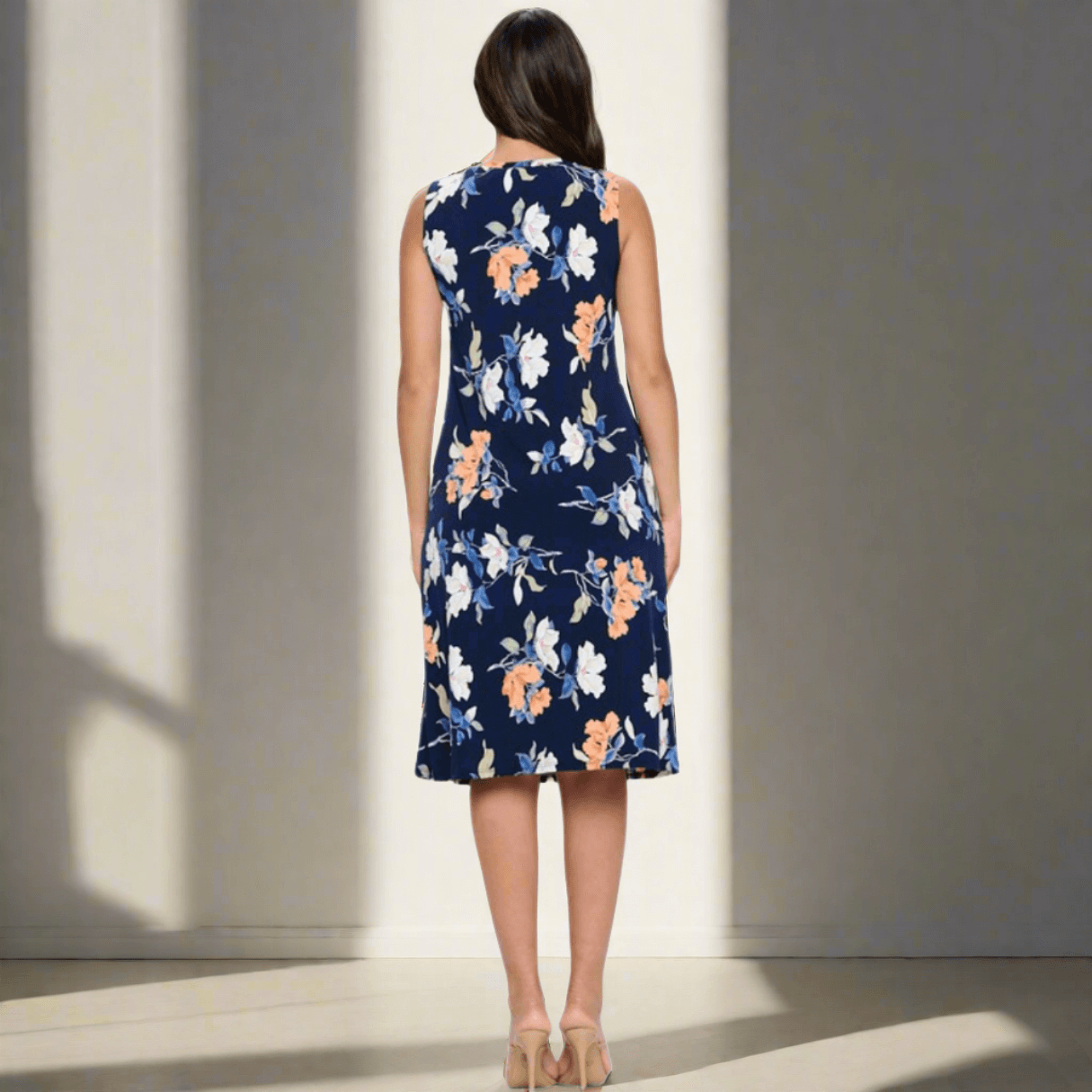 Navy Floral Sleeveless Jersey Dress - Made in USA - Women's Summer Casual Dress for Beach, Party & Vacation