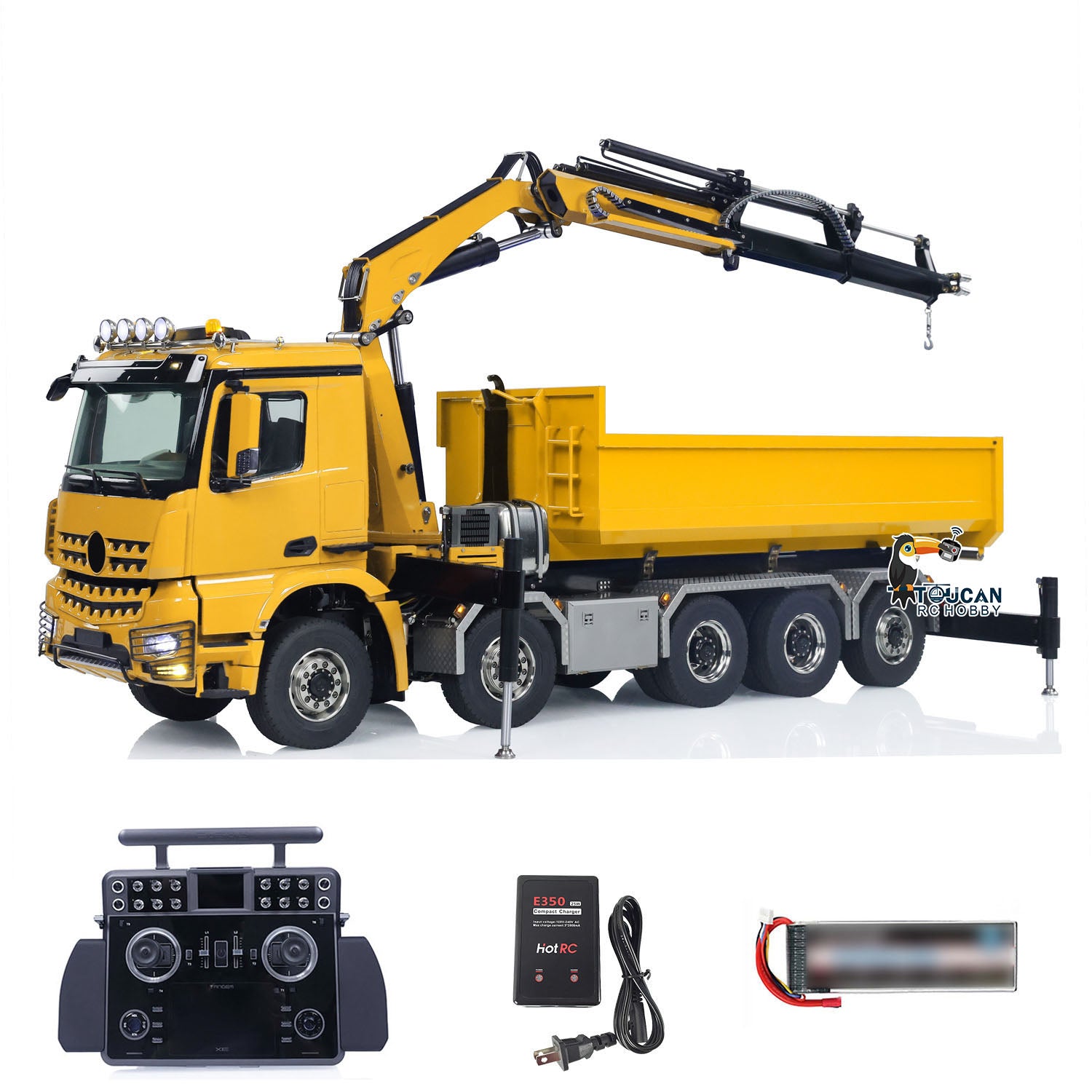 1:14 Scale 10x10 RC Hydraulic Crane Truck - Full Dump Metal Lorry with Rear Axle Steering & U-Shaped High-Standard Bucket & Timber Flatbed - Perfect for Construction Site Simulation, RC Hobbyists, and Collectors