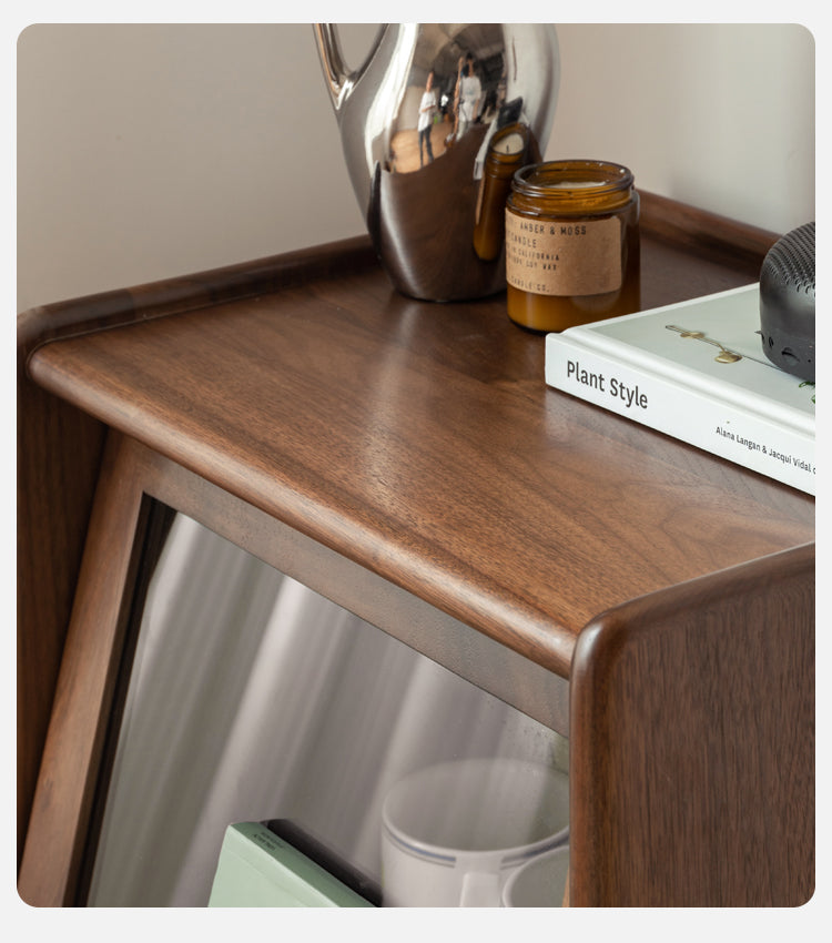 Solid Black Walnut & Oak Wood Glass Flip Door Display Cabinet with LED Lights - Perfect for Living Room, Bedroom & Office Storage & Display
