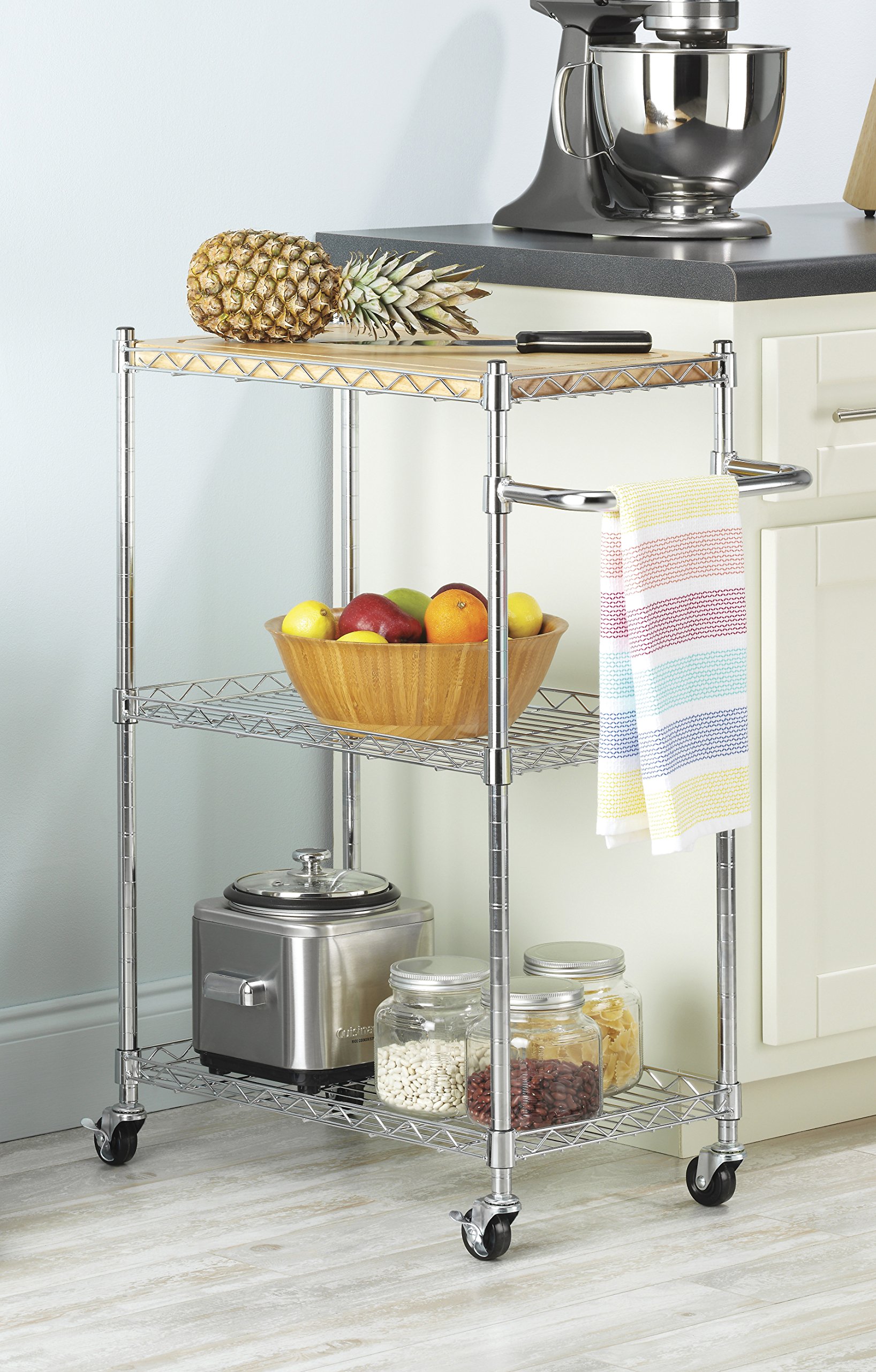 Whitmor Supreme Kitchen & Microwave Cart - Wood & Chrome Rolling Storage Cart - 13.25