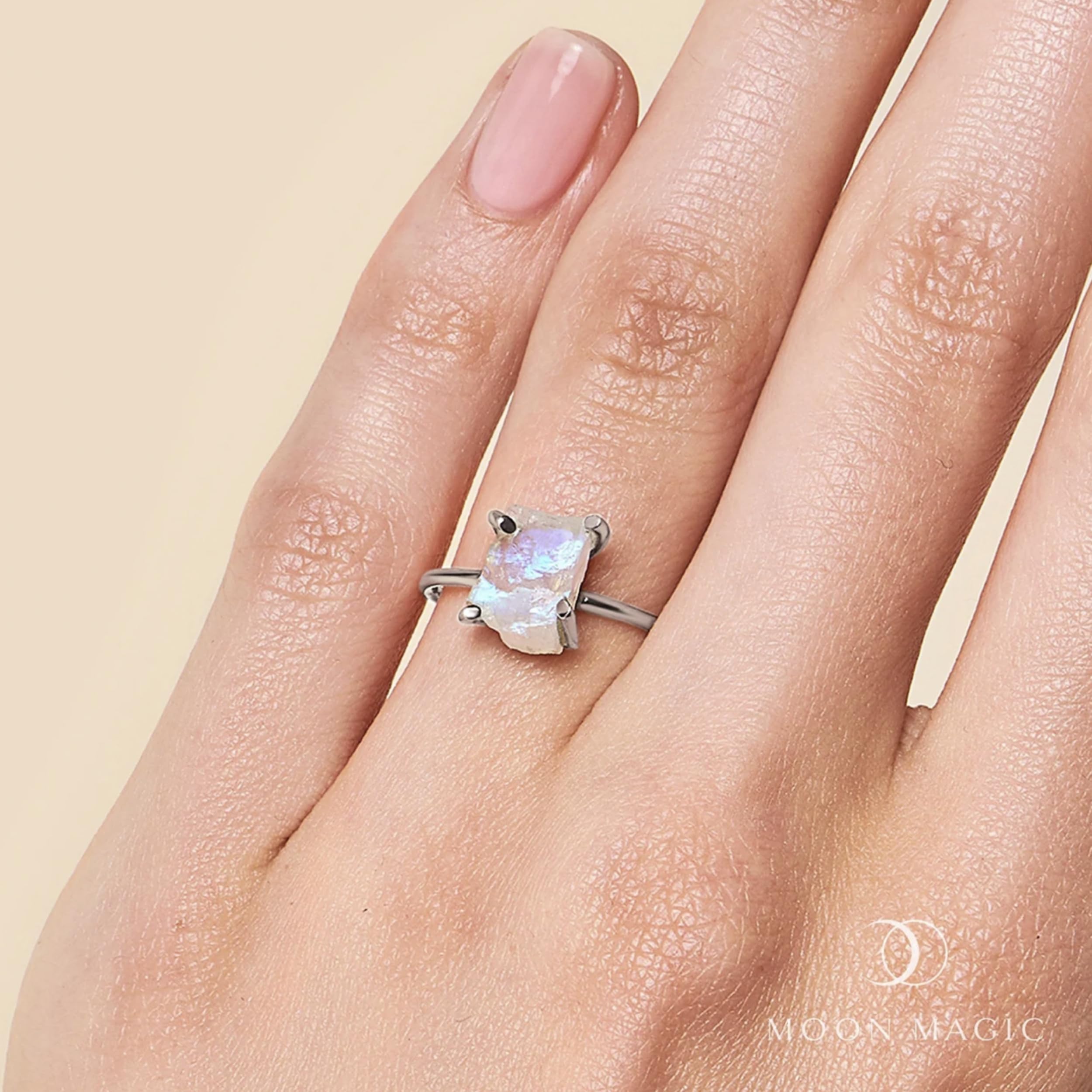 Moon Magic - Genuine Moonstone, Amethyst, Rose Quartz & Aquamarine Rings in 925 Sterling Silver & 18K Rose Gold - Raw Crystal Jewelry for Women | Perfect for Meditation, Healing & Spiritual Gifts