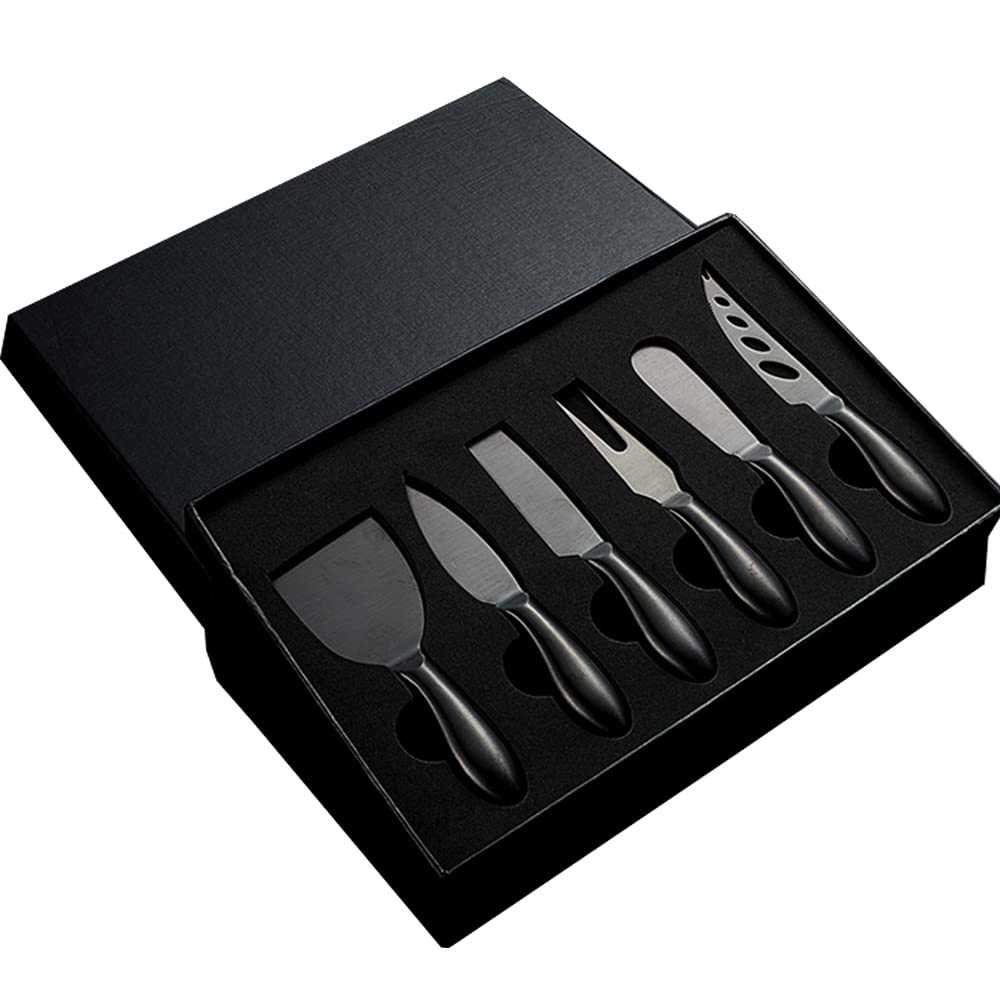 Premium 6-Piece Stainless Steel Cheese Knife Set with Fork, Slicer & Cutters - Cheese Board Accessories for Entertaining - Perfect Gift for Cheese Lovers (Black) - Ideal for Wine Parties, Charcuterie Boards & Gourmet Cheese Tasting