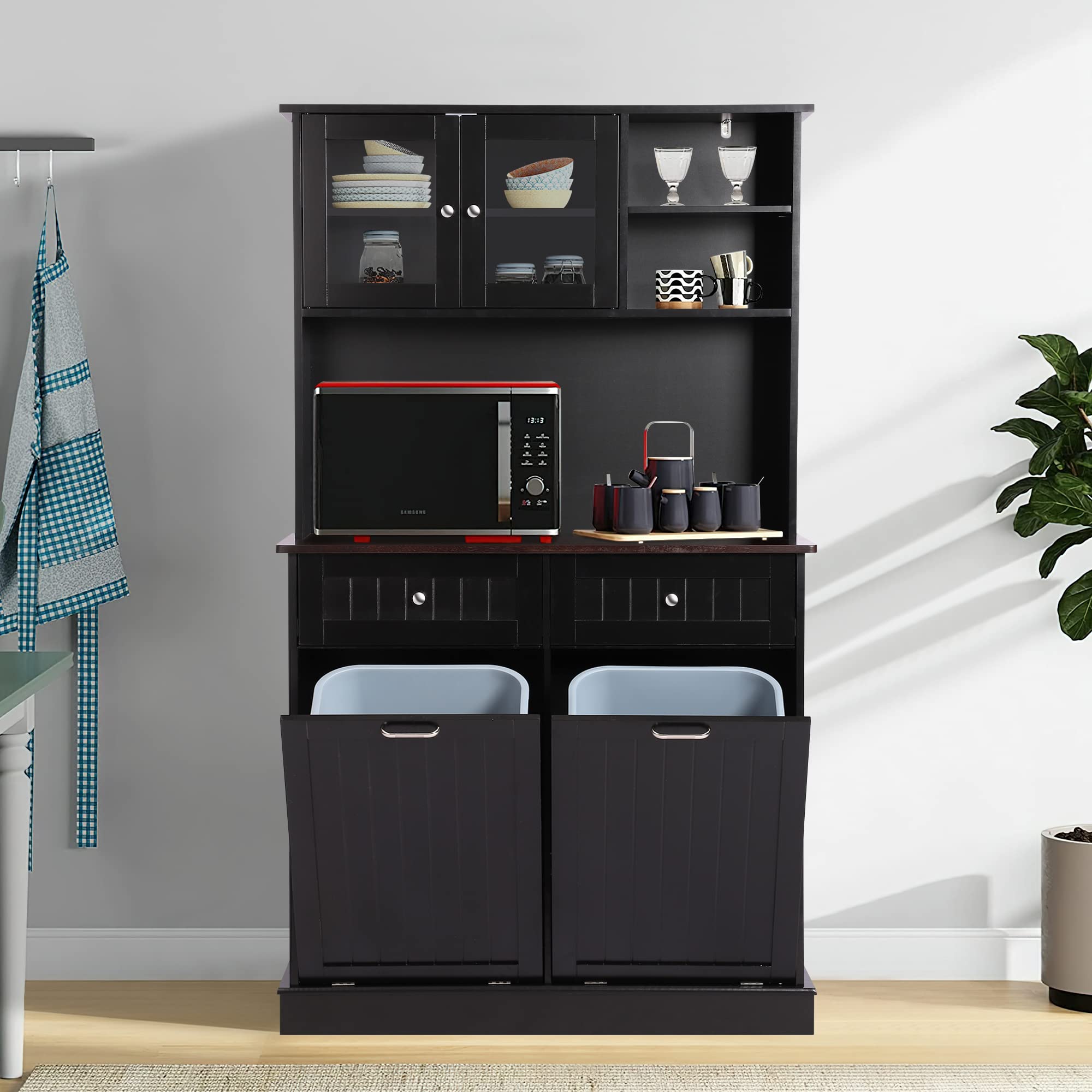 **Tall Freestanding Kitchen Pantry Storage Cabinet with Microwave Shelf & Tilt-Out Trash Bin - Classic Black - Perfect for Small Kitchens & Pantry Organization**