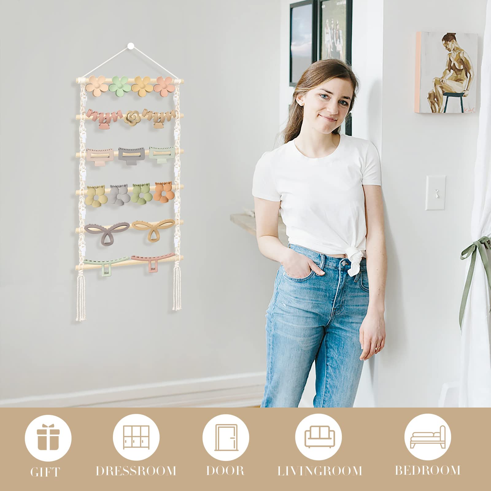 Boho Macrame Hair Claw Clip Organizer - Wall Hanging Hair Accessory Holder for Girls | Hair Clip Storage for Bathroom, Bedroom, Closet & Door Decor