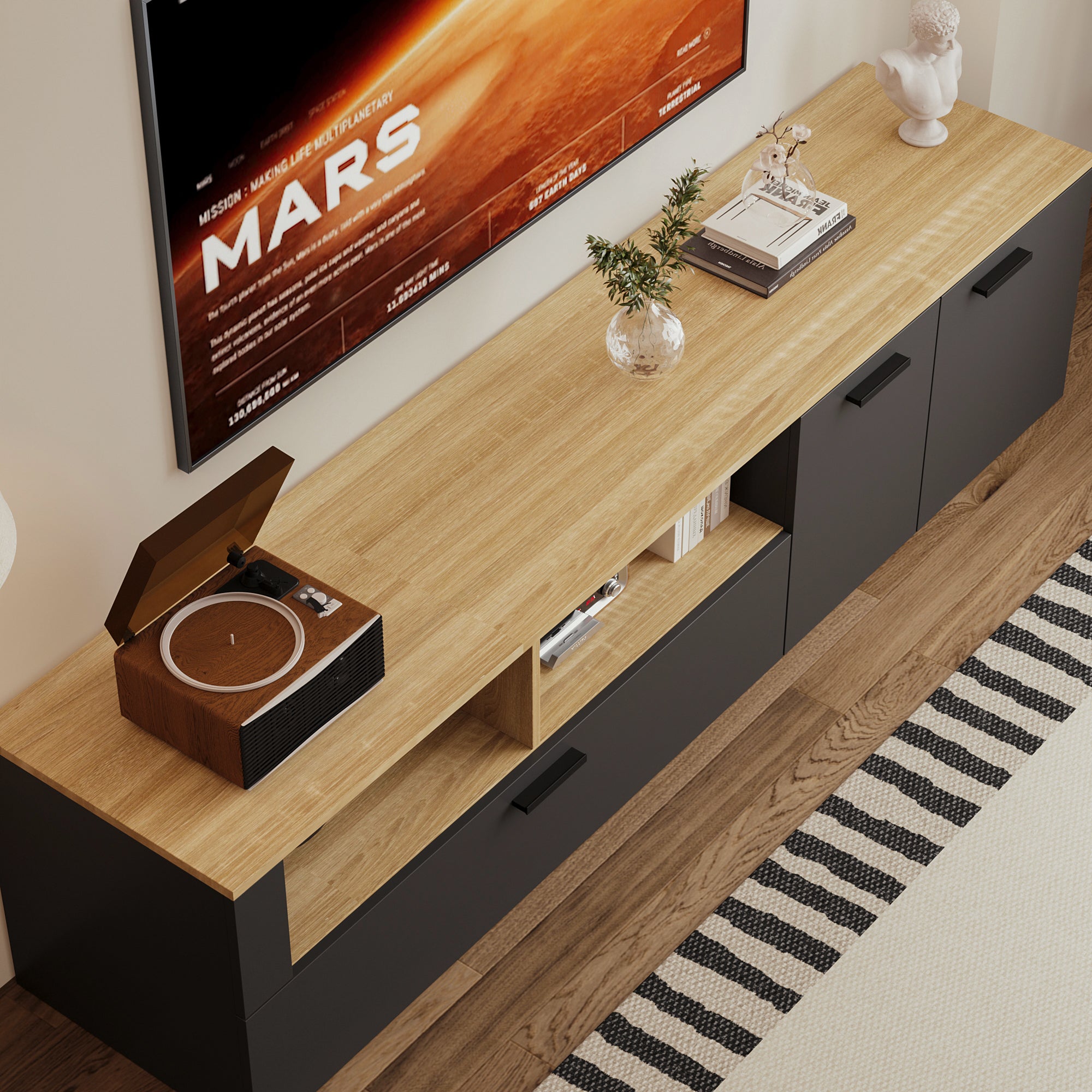 Modern Minimalist TV Stand with Adjustable Shelves & Ample Storage - Sturdy Wooden Media Console for Living Room, Bedroom, Home Theater Setup
