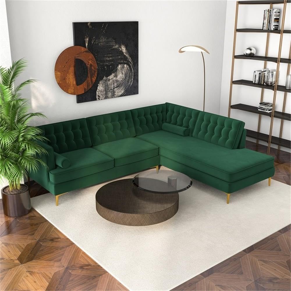 ASHCROFT Mid Century Modern Kole Forest Green Velvet Sectional Right Facing Sofa - Luxury Velvet Couch for Living Room, Lounge & Home Theater (84
