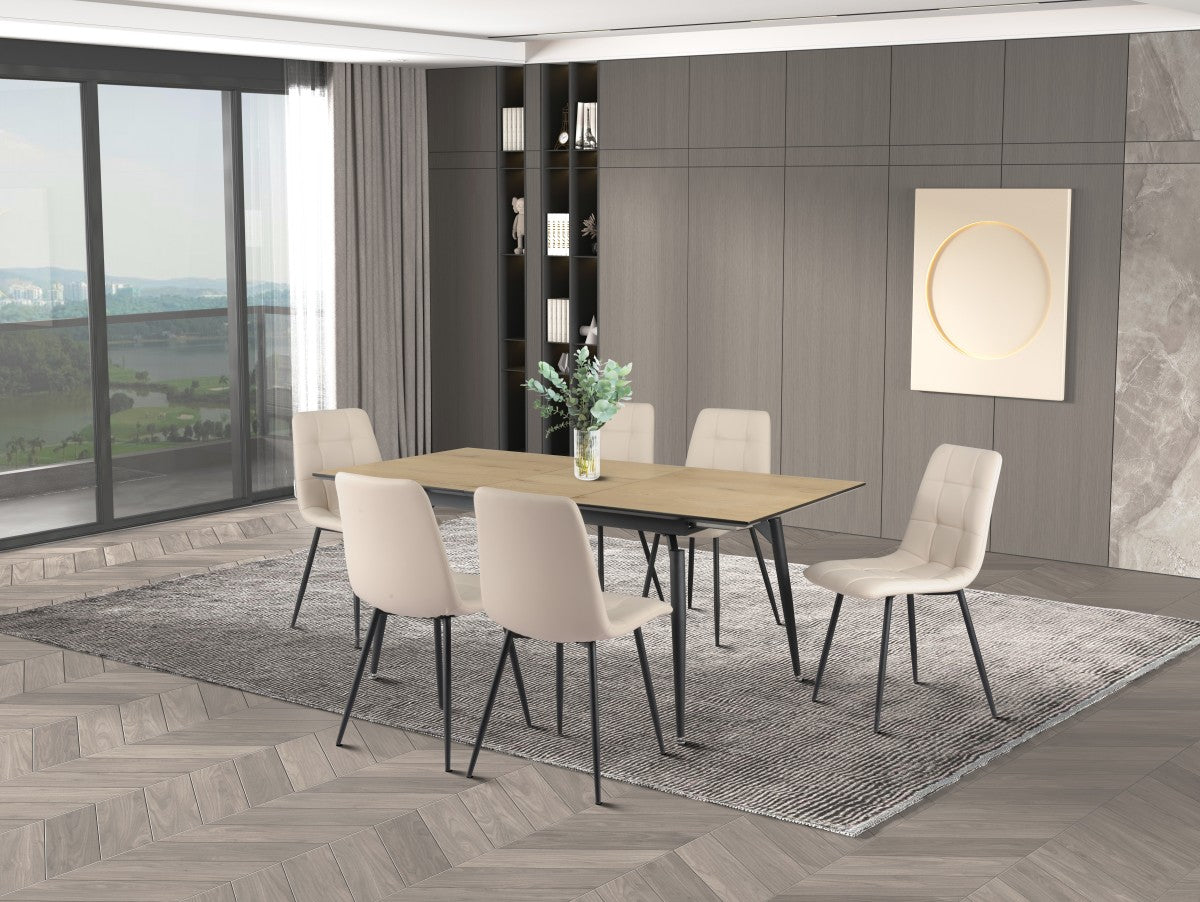 7-Piece Oak Dining Set with Beige Upholstery - Perfect for Family Meals & Entertaining Guests