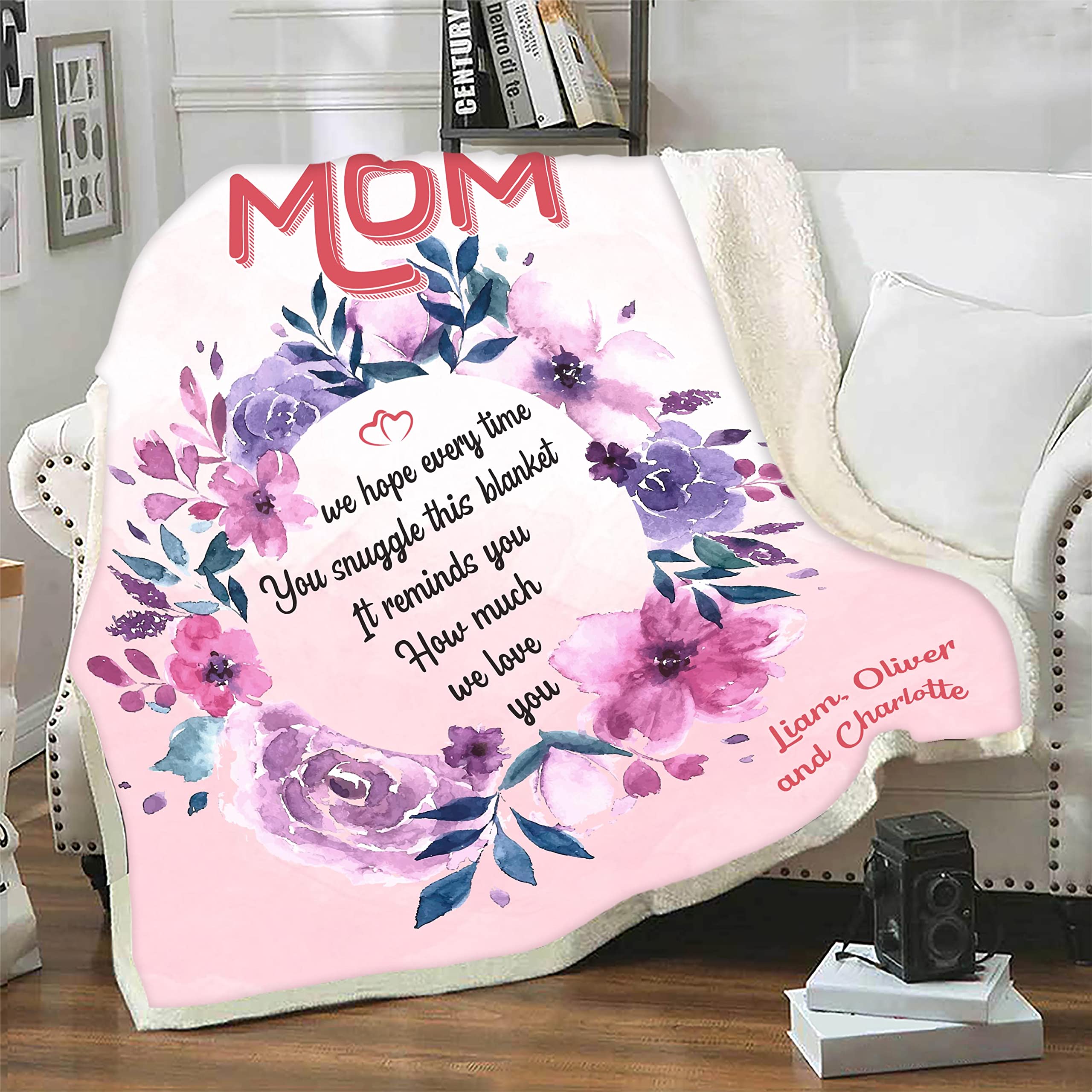 Personalized Fleece Blanket for Mom - Custom Name Gift from Son/Daughter | Birthday, Christmas, Thanksgiving Present | Cozy Sherpa Throw Blanket for Cuddling, Lounging & Home Decor | Made in USA