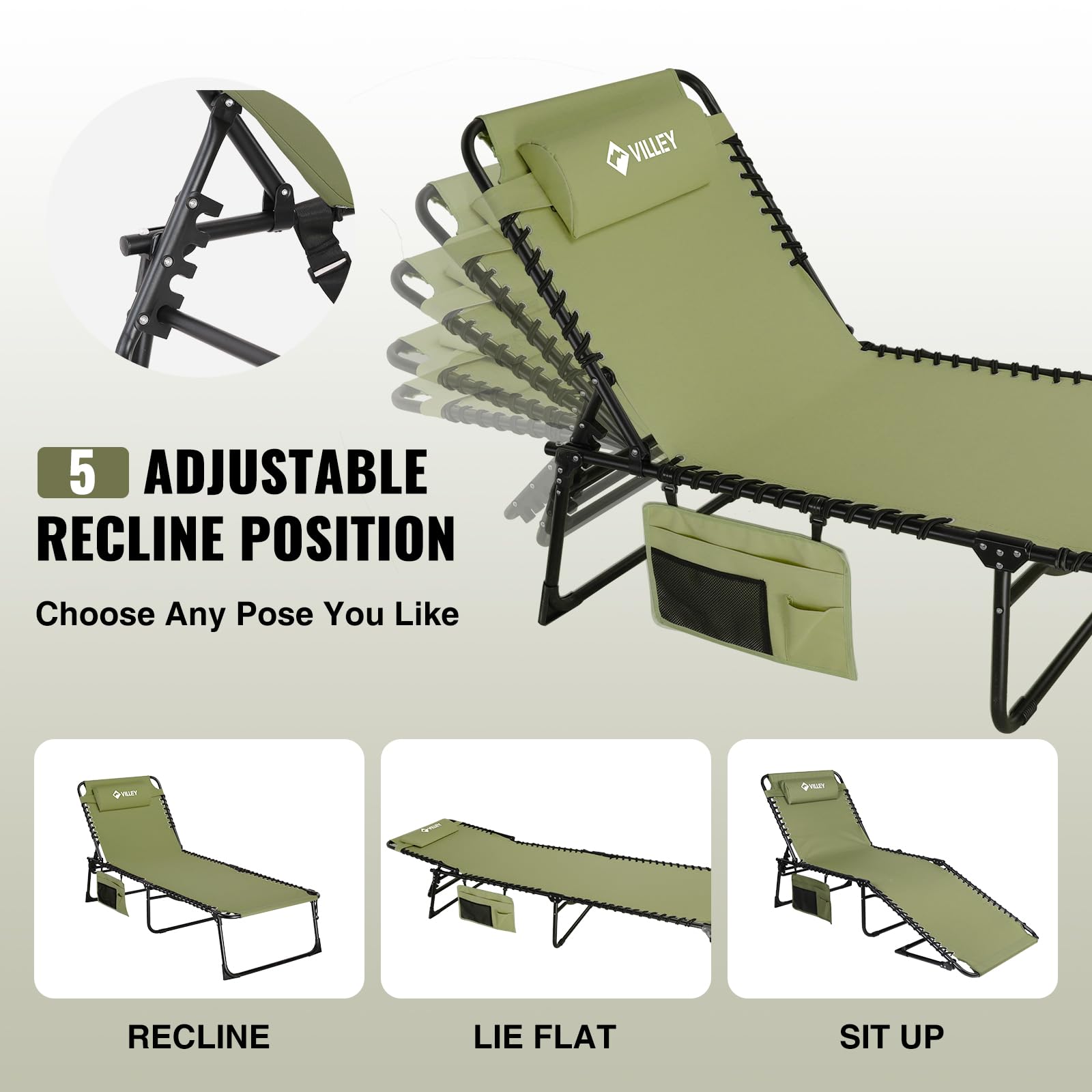 VILLEY Oversized Chaise Lounge Outdoor - Heavy Duty Folding Lounge Chair for Patio, Beach, Camping - Portable Trifold Sun Lounger with 5 Adjustable Positions - Perfect for Backyard Relaxation, Poolside Lounging & Beach Vacations