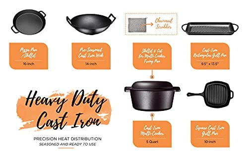 Premium 7-Piece Pre-Seasoned Cast Iron Cookware Set – Double Dutch Oven, Rectangular Grill Pan, Wok, Large Skillet, Square Grill Pan & Chainmail Scrubber – Perfect for Camping, Outdoor Cooking & Home Kitchen Use