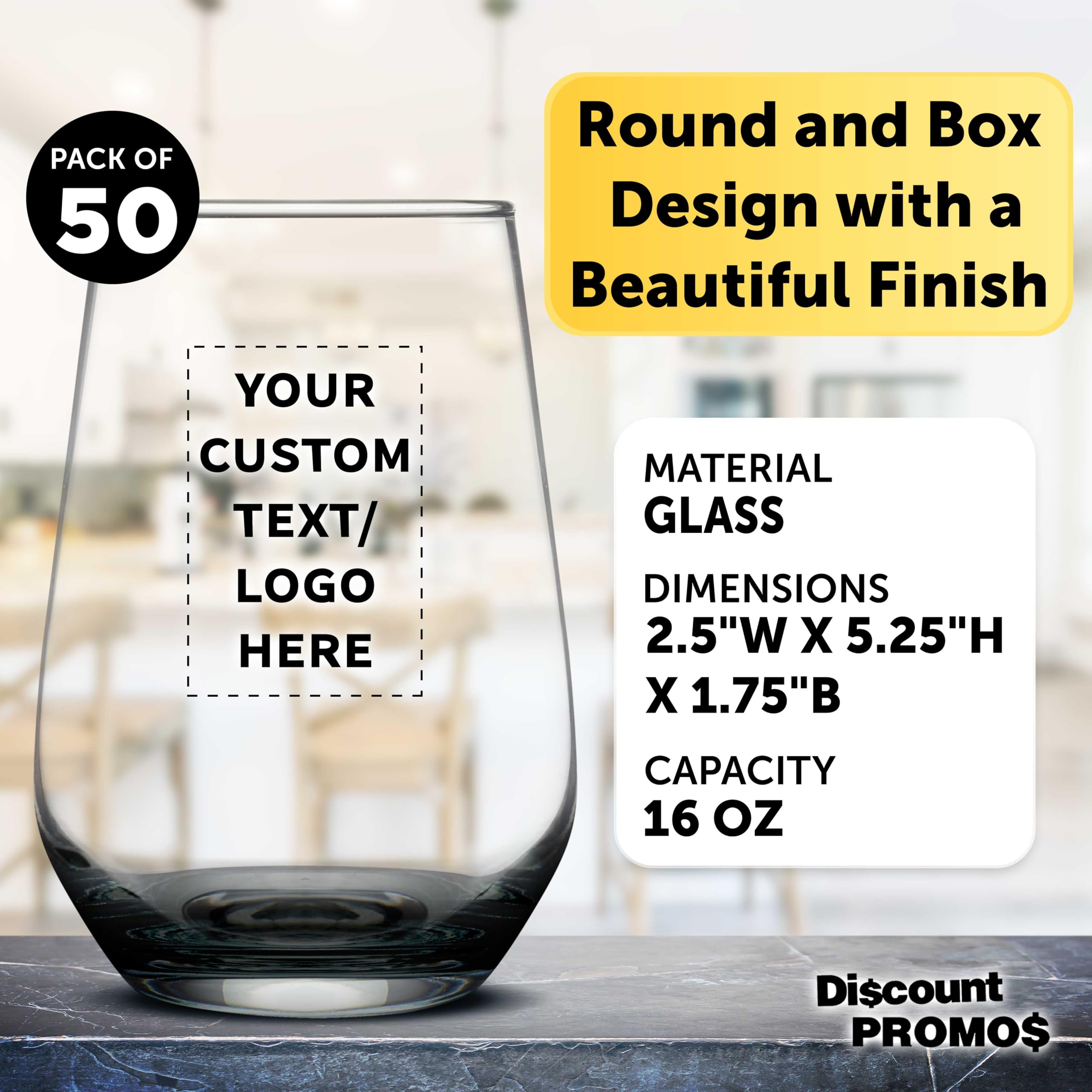 50-Pack 16 oz Stemless Wine Glasses with Thick Base - Clear Orb-Like Silica Glass - Custom Text & Logo Engraving - Perfect for Weddings, Parties & Corporate Events - Bulk Barware Set