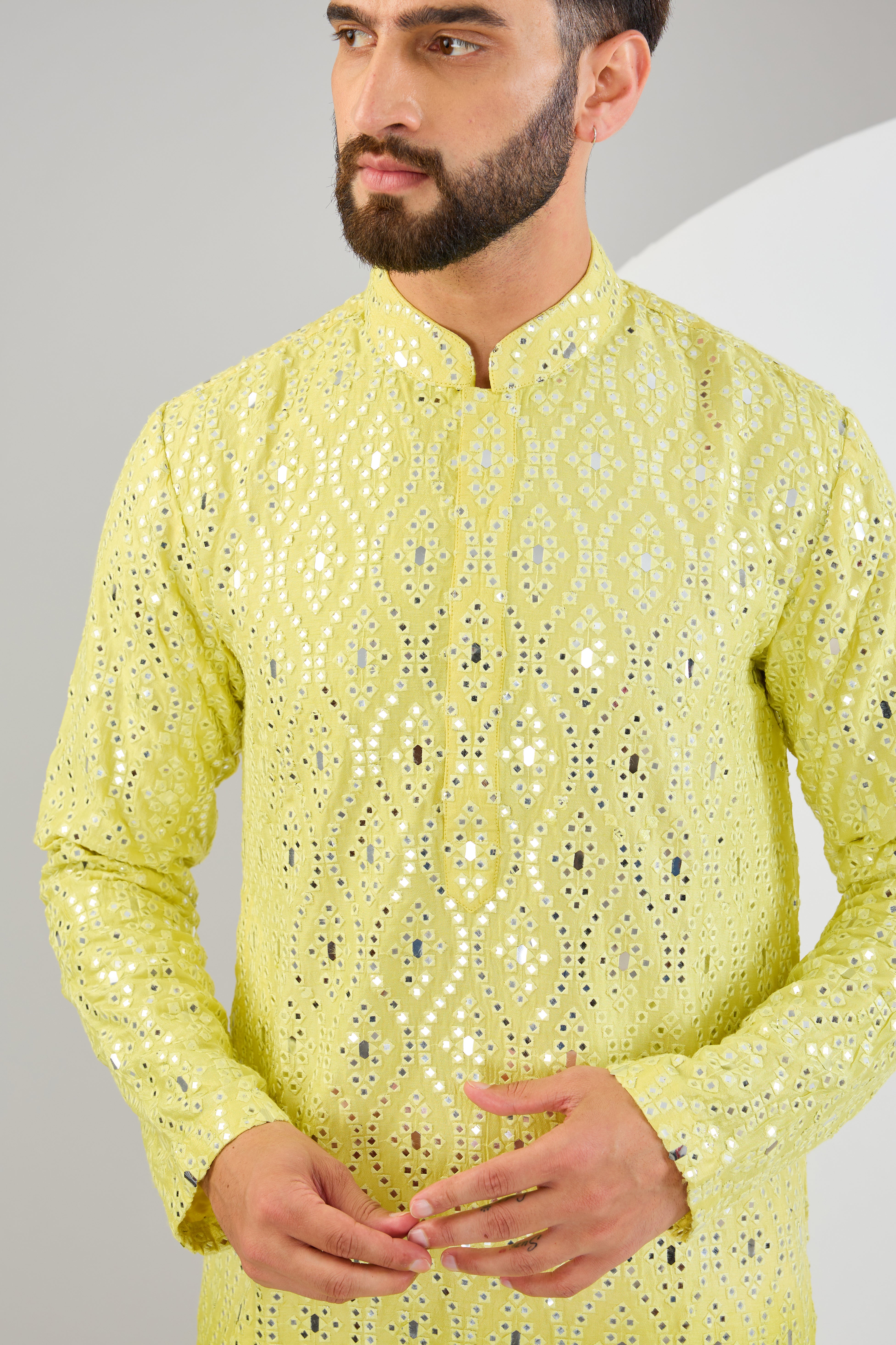 Neon Yellow Ombre Shaded Mirror Work Kurta - Stylish Indian Ethnic Top for Women | Perfect for Festivals, Weddings & Parties