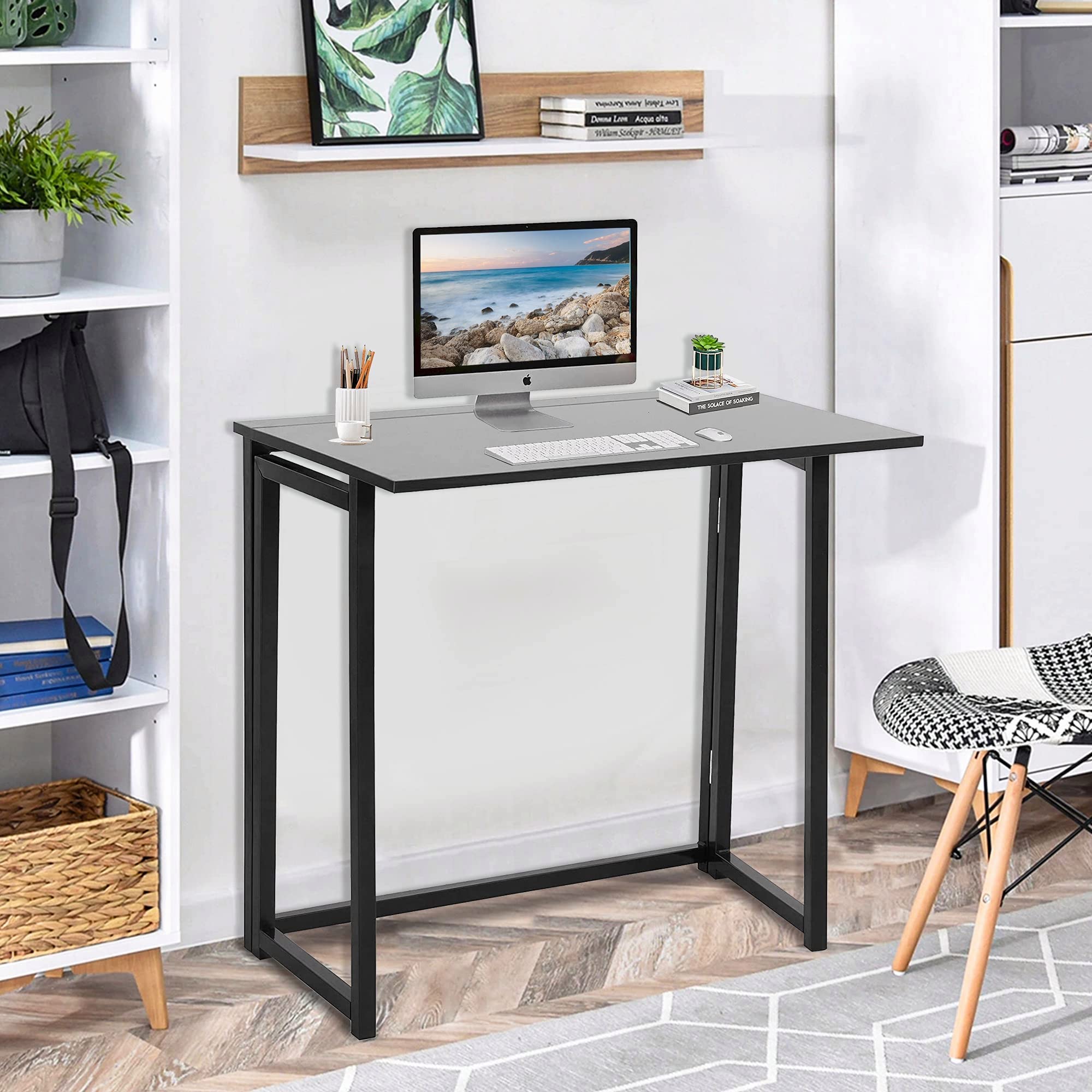 31.5 Inch Folding Computer Desk - No Assembly Small Home Office Desk with Sturdy Metal Frame, Space Saving Foldable Laptop Table (31.5x17.8x28.7 Inches, Black) - Perfect for Small Apartments, Dorm Rooms & Compact Workspaces