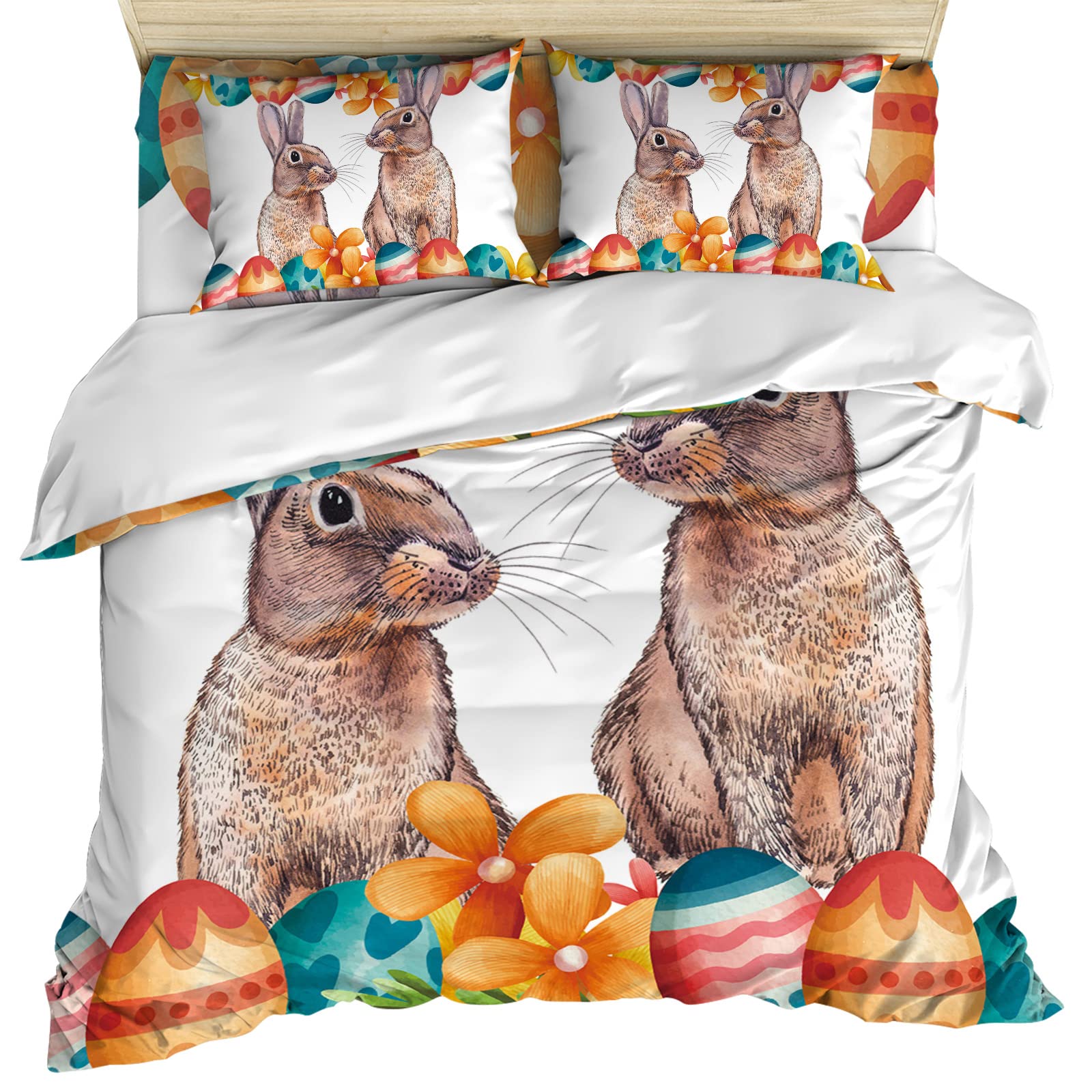 Spring Easter 4-Piece Bedding Set - Bunny, Colorful Eggs & Orange Floral Design | All-Season Warm Comforter Cover with Sheets & 2 Pillowcases | Perfect for Guest Rooms, Kids' Bedrooms & Holiday Decor