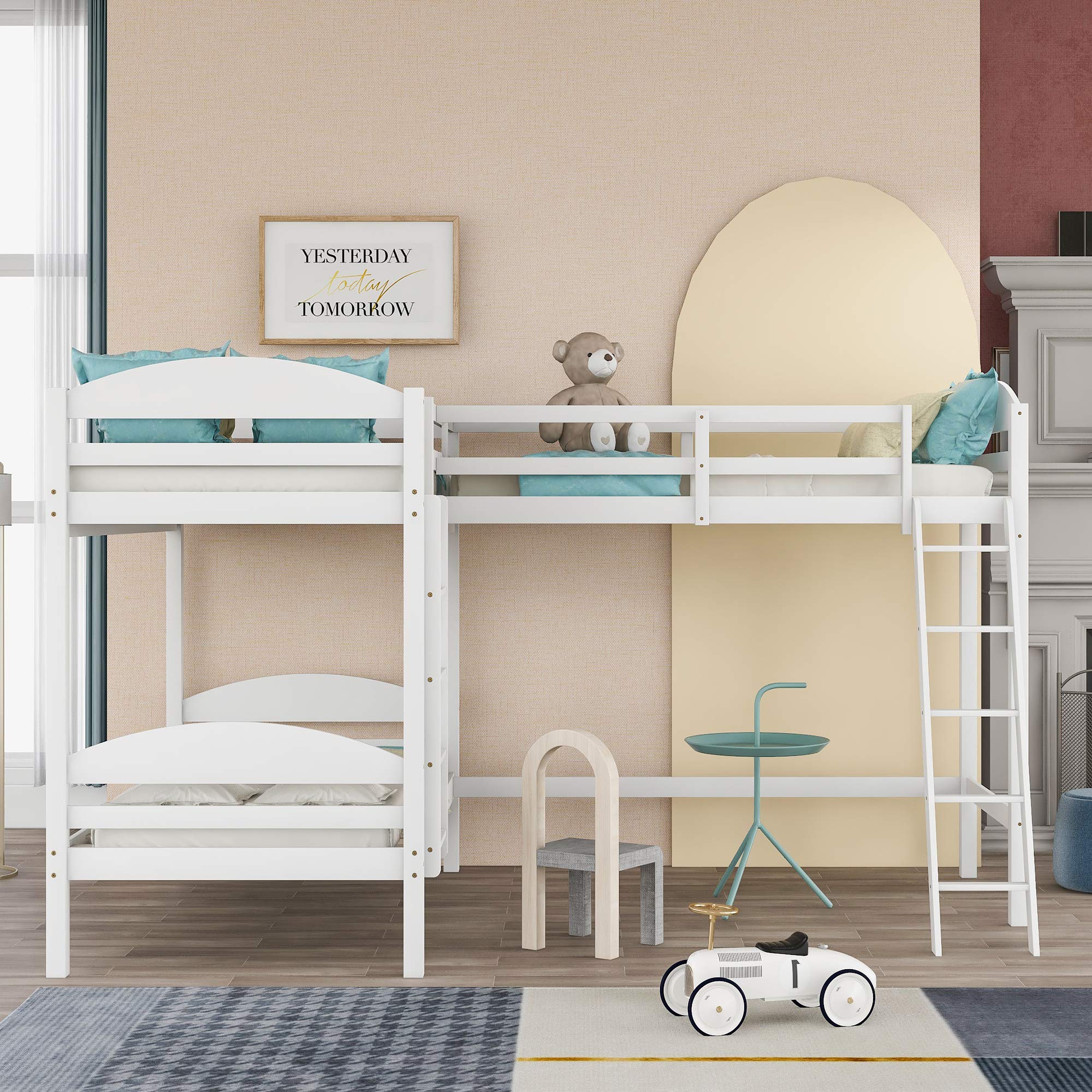 RUNNA Triple Bunk Bed - Solid Wood Twin Size for 3 Kids | L-Shaped Corner Loft Bed Frame with Guardrails & Ladder | No Box Spring Needed (White) | Perfect for Small Bedrooms, Kids' Rooms & Space-Saving Solutions