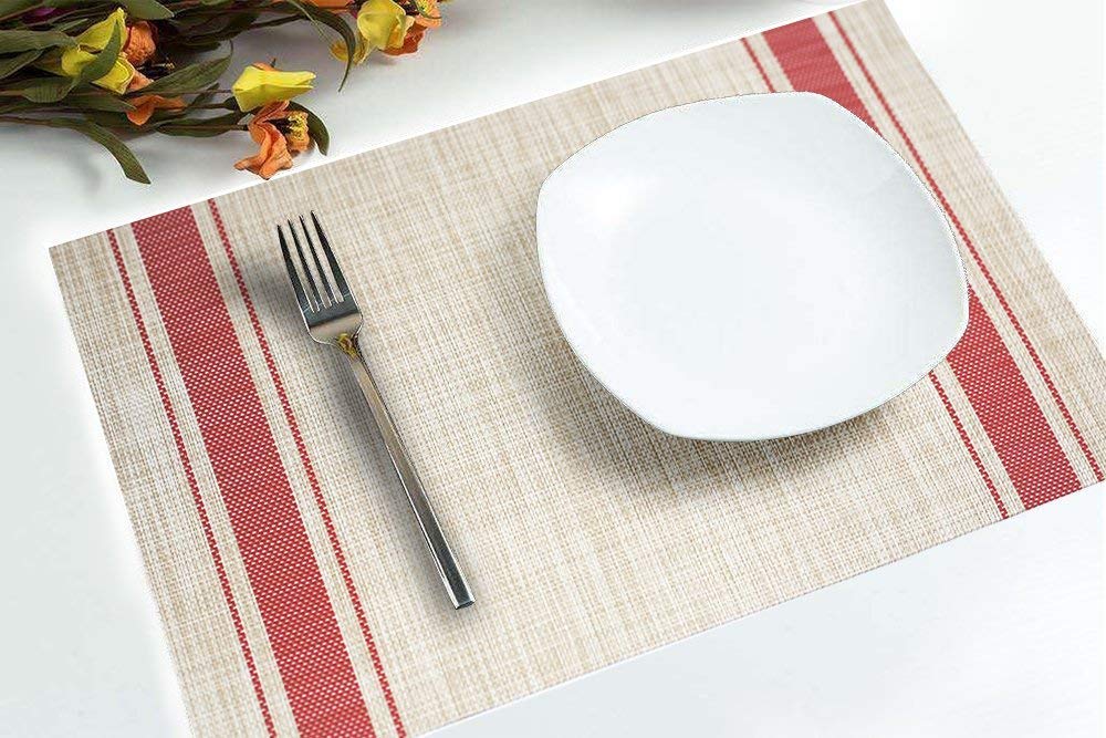 Premium Non-Slip PVC Placemats Set of 4 - Woven Vinyl Table Mats for Dining Table, Kitchen & Home Decor (Red) - Perfect for Everyday Meals, Dinner Parties & Holiday Gatherings