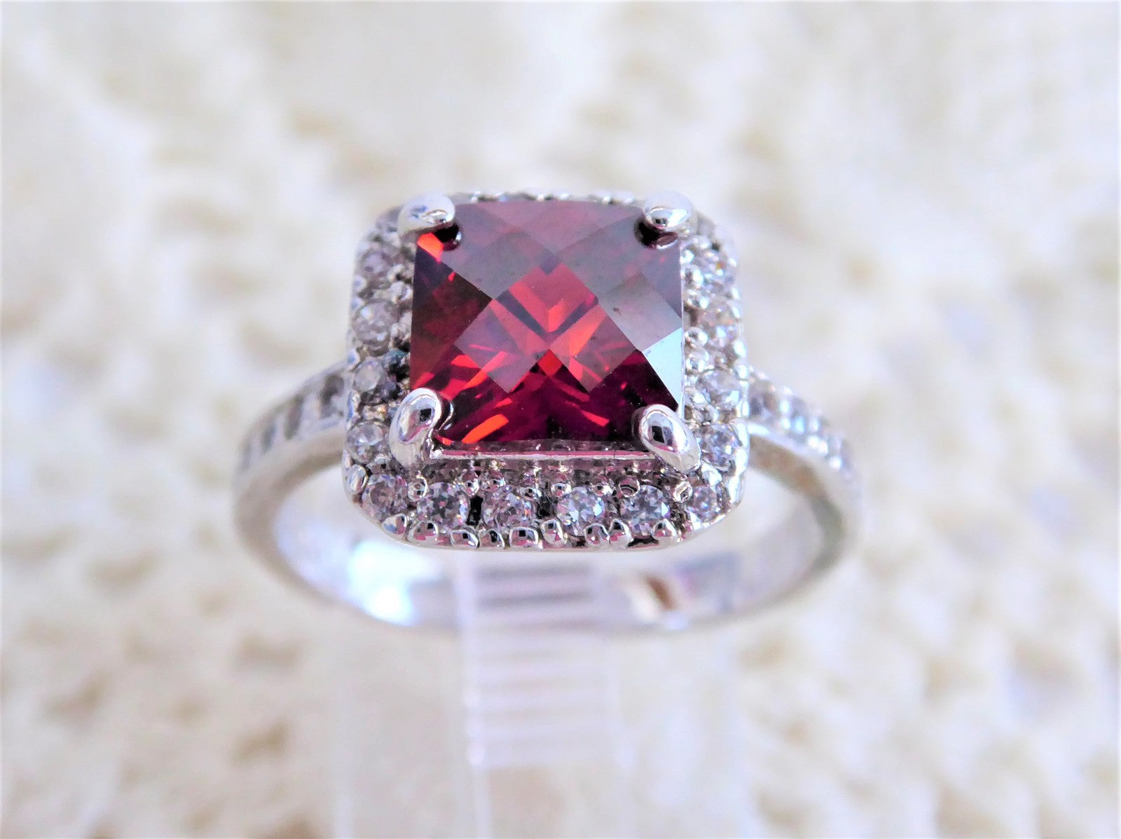 Vintage 1990s Red Faux Ruby Cocktail Ring - Elegant Fancy Cut Faux Diamond Statement Jewelry for Evening Parties, Date Nights & Special Occasions