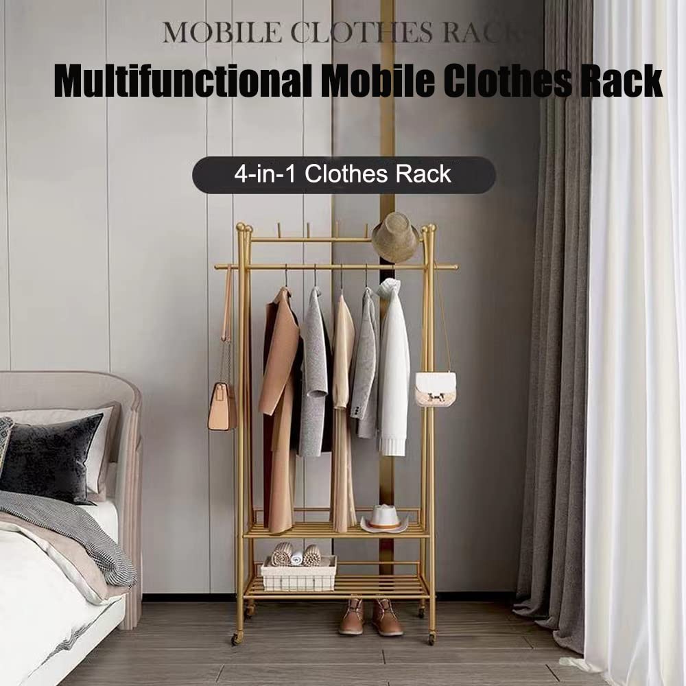 Heavy Duty Gold Rolling Garment Rack with Shelves - 31.5
