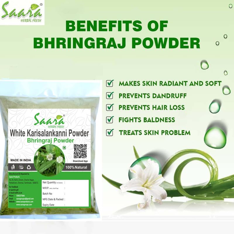 Saara HERBAL FRESH White Karisalankanni Powder (Bhringraj, Eclipta Prostrata) - 400g (4 x 100g Pack) for Hair Growth & Scalp Care | Natural Ayurvedic Remedy for Dandruff, Hair Fall & Graying | Perfect for DIY Hair Masks & Herbal Treatments