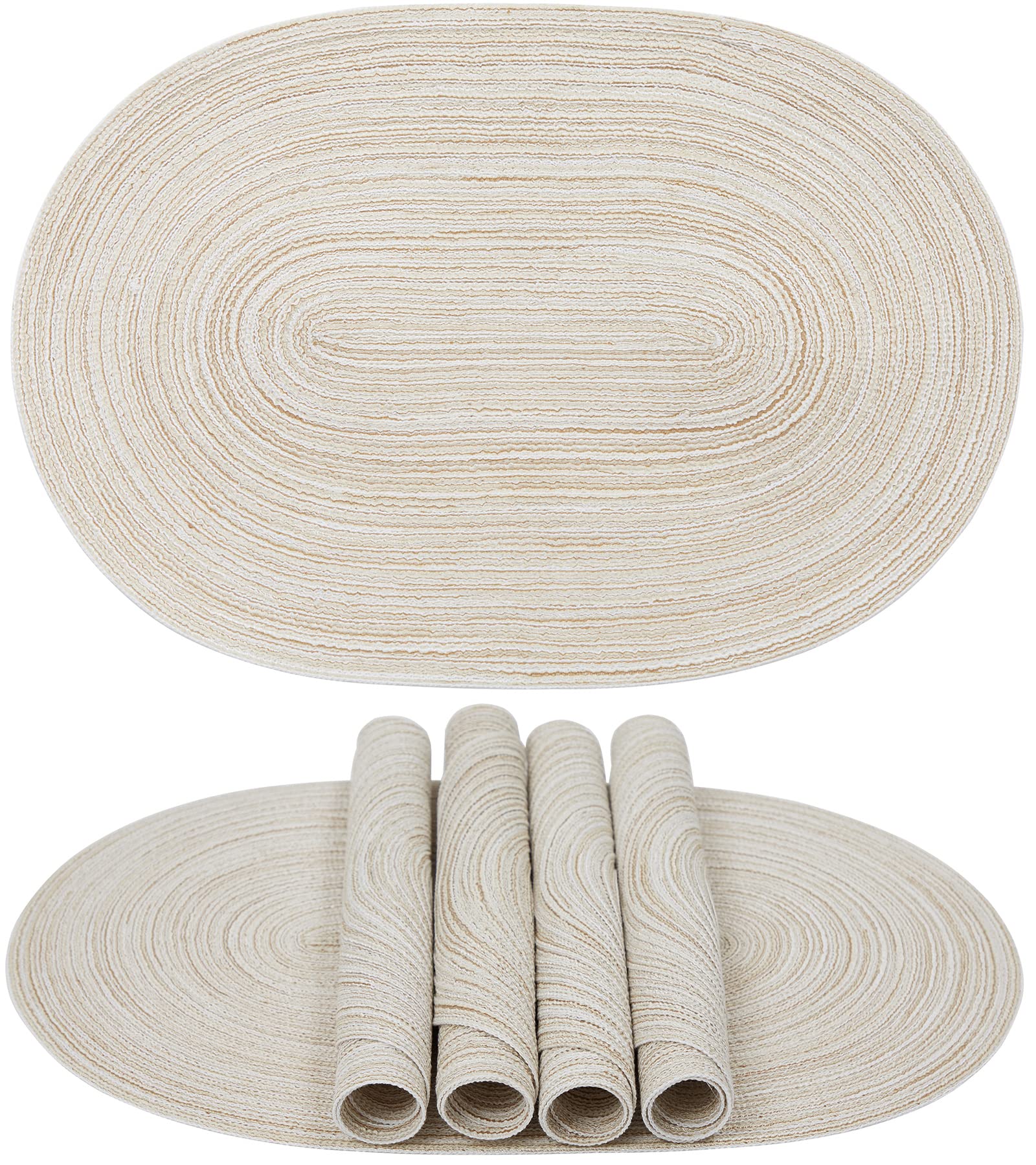 Smaafit Oval Braided Placemats Set of 6 - Round Table Mats for Dining, Kitchen, or Outdoor Use - Beige Cotton Placemats for Home Decor and Entertaining