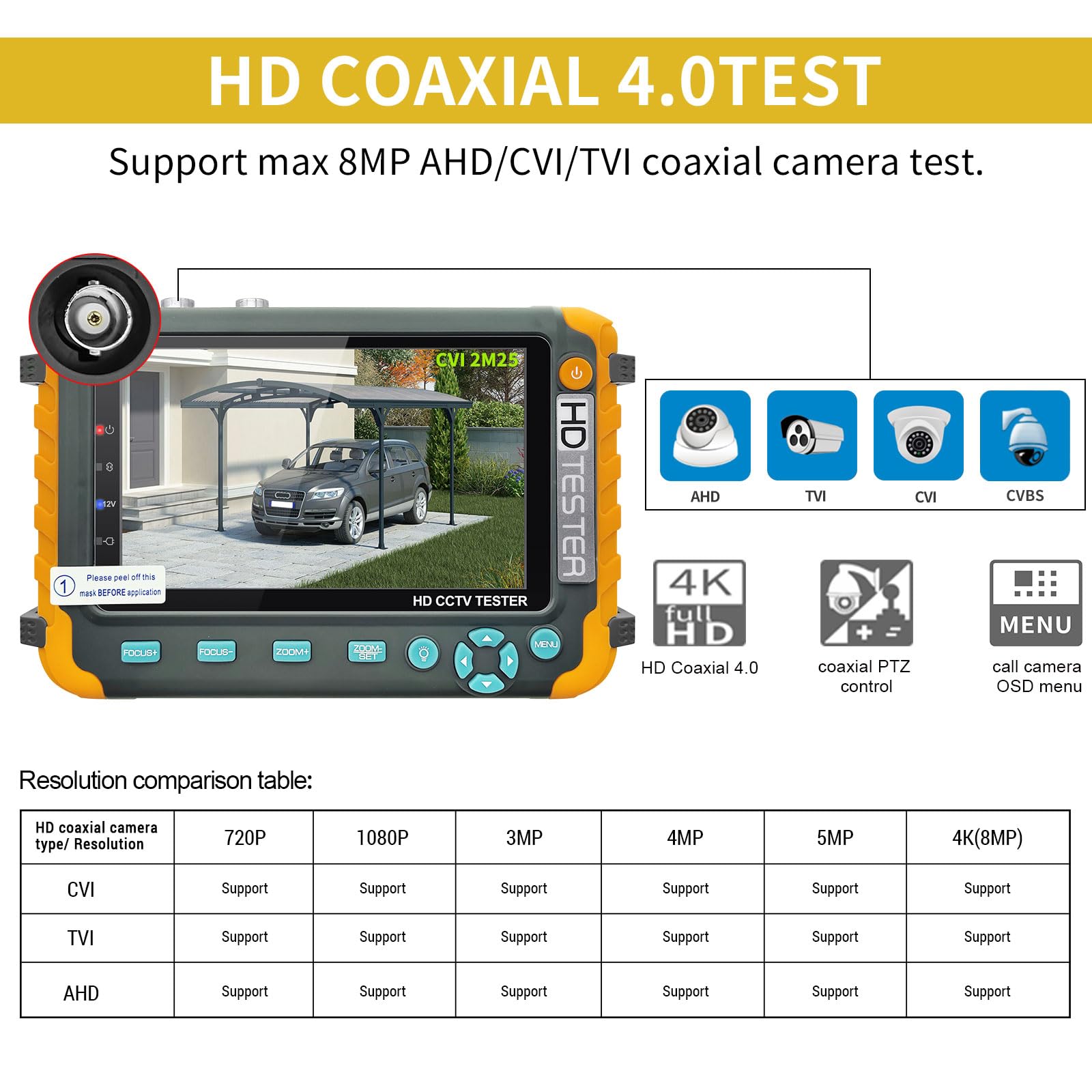 Henkion 5-inch HD Coaxial CCTV Camera Tester - 4K 8MP Monitor for TVI/CVI/AHD/CVBS Analog Video with RS485, Audio, HDMI & VGA - DC12V Output & PTZ Control - Perfect for Security System Installation & Maintenance