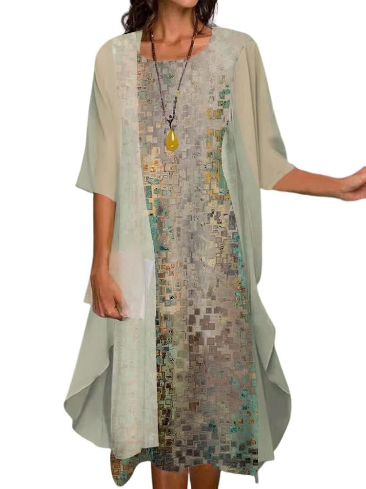 Women's Floral Chiffon Two-Piece Dress - Summer Casual Crew Neck Midi Dress with Flowy Irregular Hem - Perfect for Wedding Guest, Garden Party & Vacation Outfits