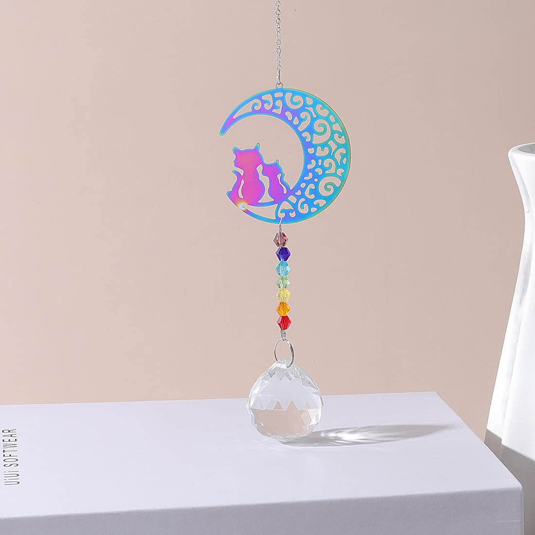Chakra Beads Moon Cat Crystal Ball Prism Pendant - Rainbow Maker Hanging Suncatcher Ornament for Home Decor & Protection | Perfect for Windows, Meditation Spaces & Spiritual Healing