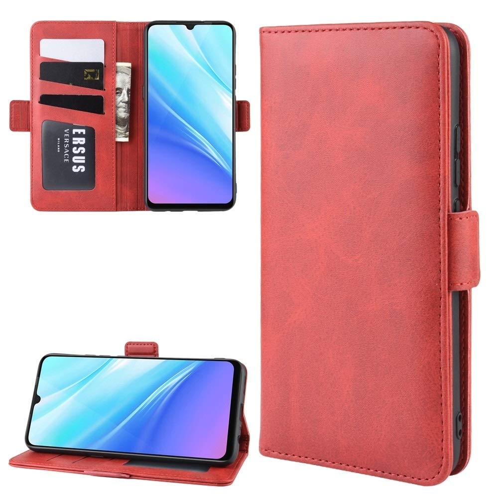 Premium Leather Wallet Phone Case for VIVO Y7s & IQOO Neo - Multi-Function Cover with Card Slots, Kickstand & RFID Protection (Black/Red) | Perfect for Daily Commute, Business Meetings & Hands-Free Viewing