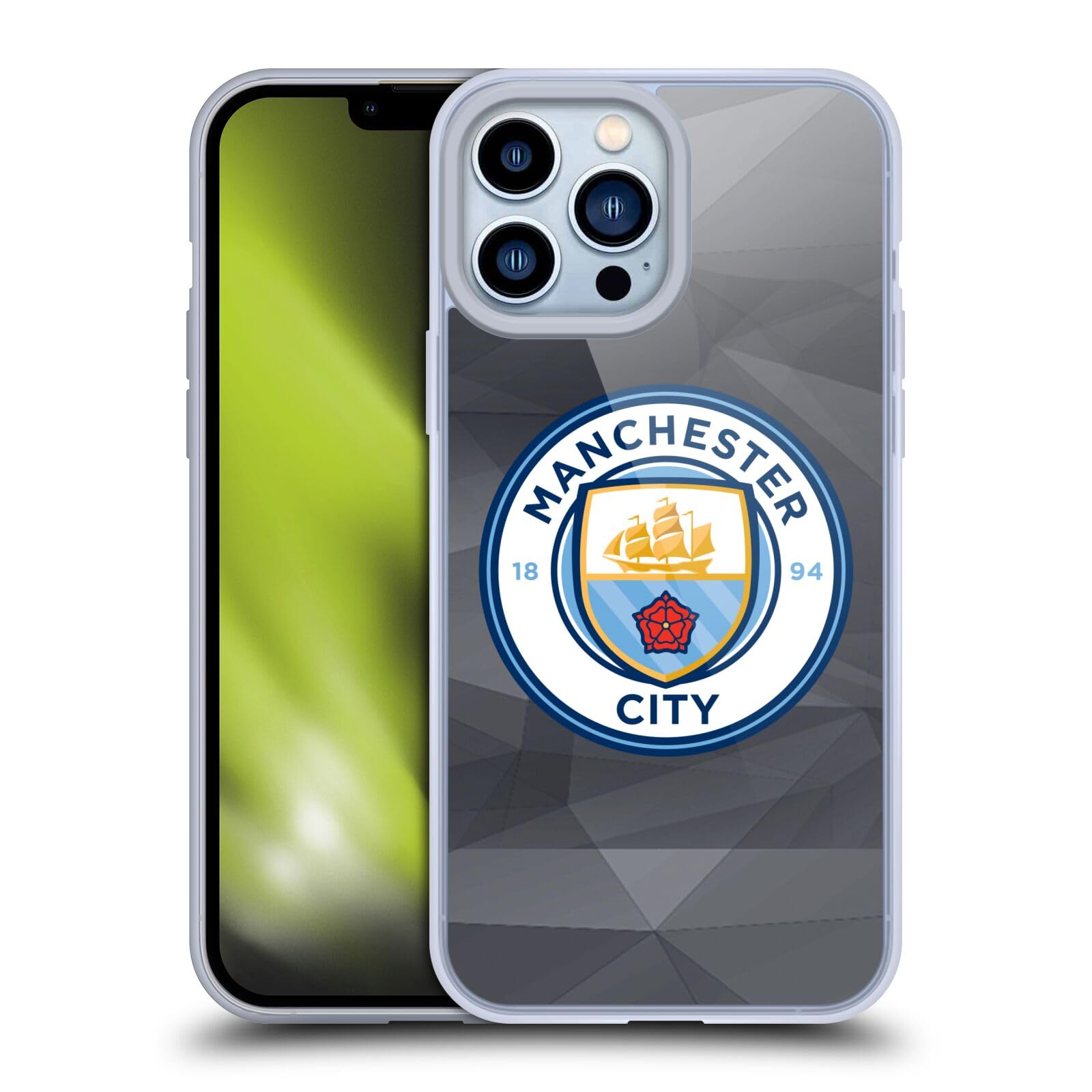 Officially Licensed Manchester City FC Black Geometric Soft Gel Case for iPhone 13 Pro Max - Durable Protection with Full Color Badge Design | Perfect for Soccer Fans, Game Days & Team Spirit