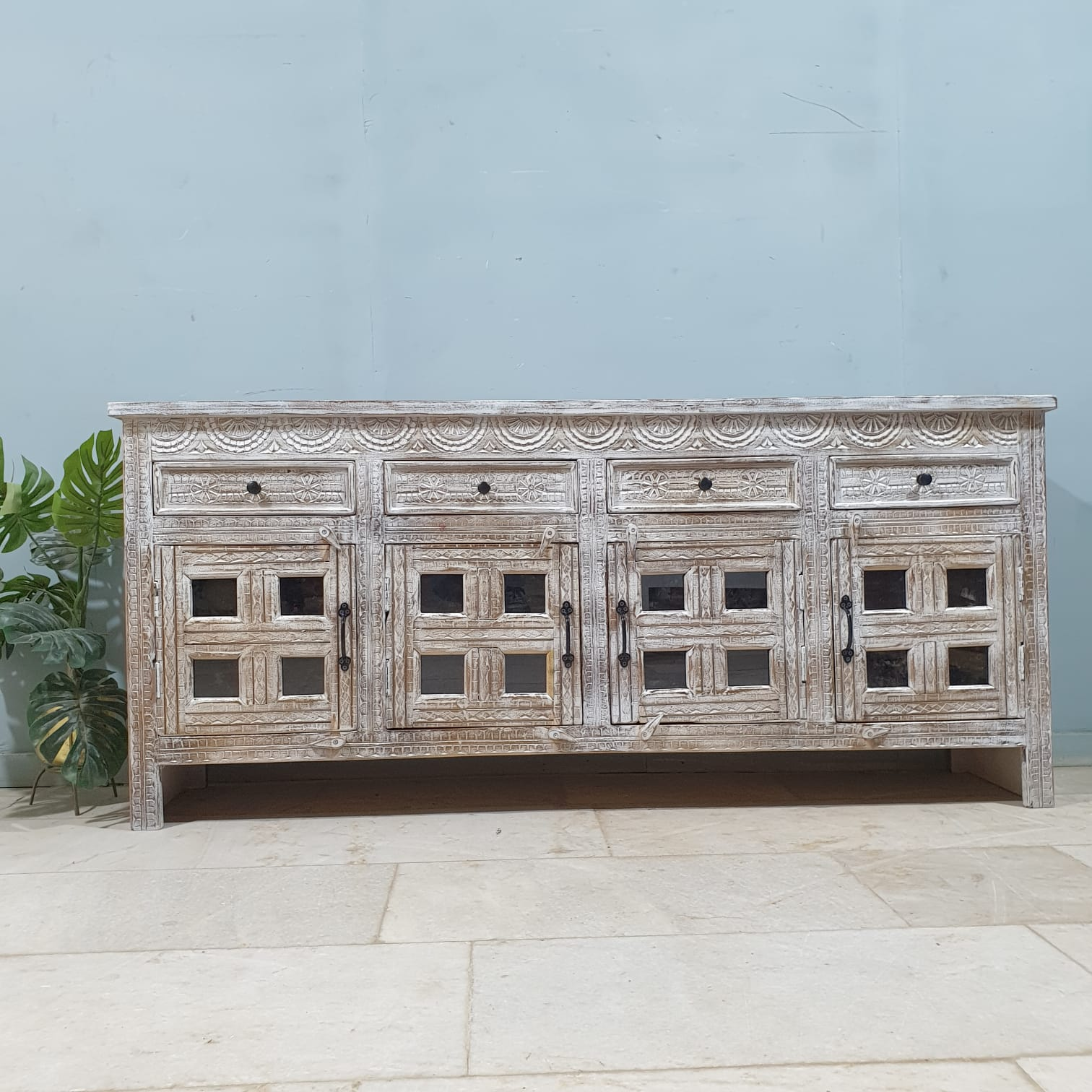 Handmade Carved Indian Mango Wood Sideboard with 4 Drawers & 4 Doors - Whitewashed Finish | Perfect for Dining Room Storage & Farmhouse Decor