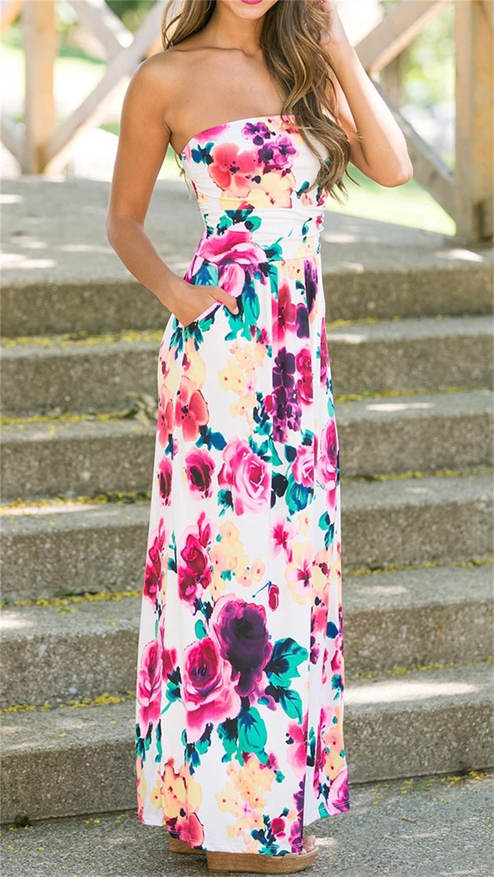 PRIMODA Women's Strapless Tube Top Maxi Dress - Floral Boho Beach Dress with Pockets | Summer Vacation, Pool Party, Beach Wedding Outfit
