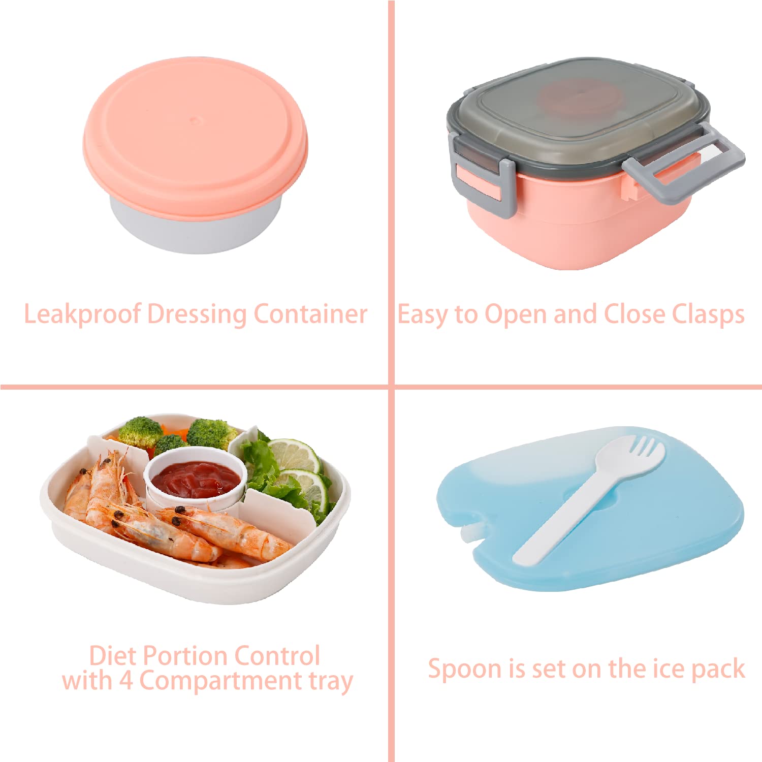 Freshmage 52-oz Leakproof BPA-Free Salad Container with Ice Pack - 4 Compartment Lunch Box for Men & Women - Perfect for Office, School, Picnics & Meal Prep (Pink)