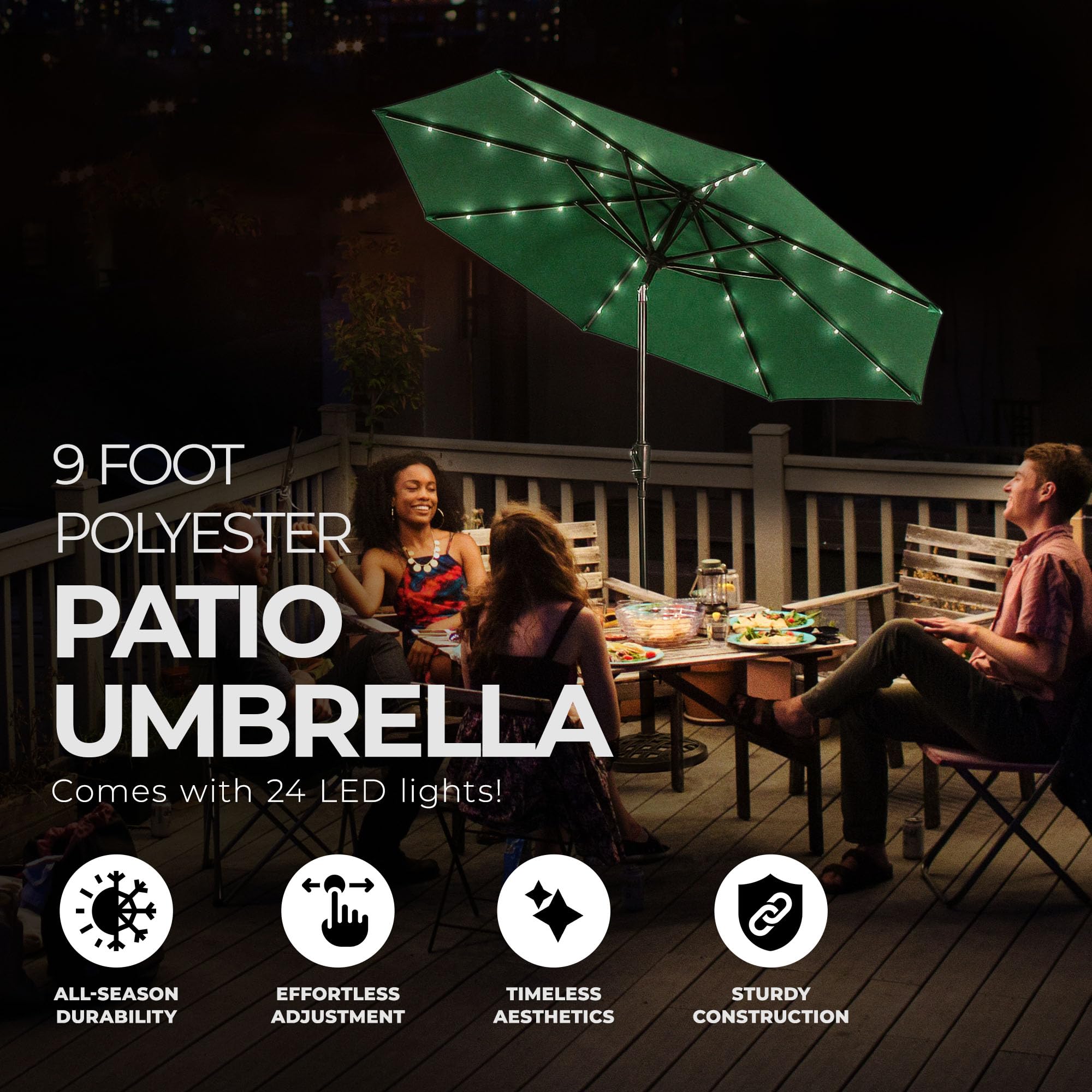9ft Polyester 2-Section Steel Pole Outdoor Patio Umbrella with Tilt System & LED Lights - 8 Steel Ribs, Green - Perfect for Backyard, Poolside, Garden, Restaurant and Beach Use