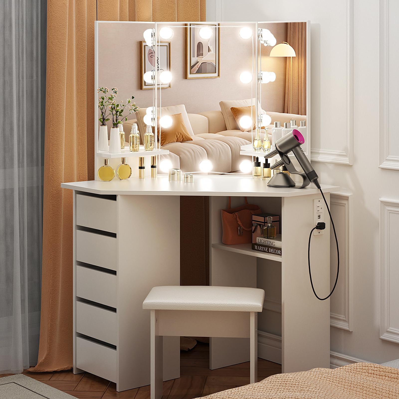 VOWNER Lighted Vanity Desk with Power Outlet & Stool - Adjustable 3-Color LED Mirror with Brightness Control, 5 Sliding Drawers & Storage Shelves - White Makeup Dressing Table for Bedroom, Home Salon & Beauty Room Organization