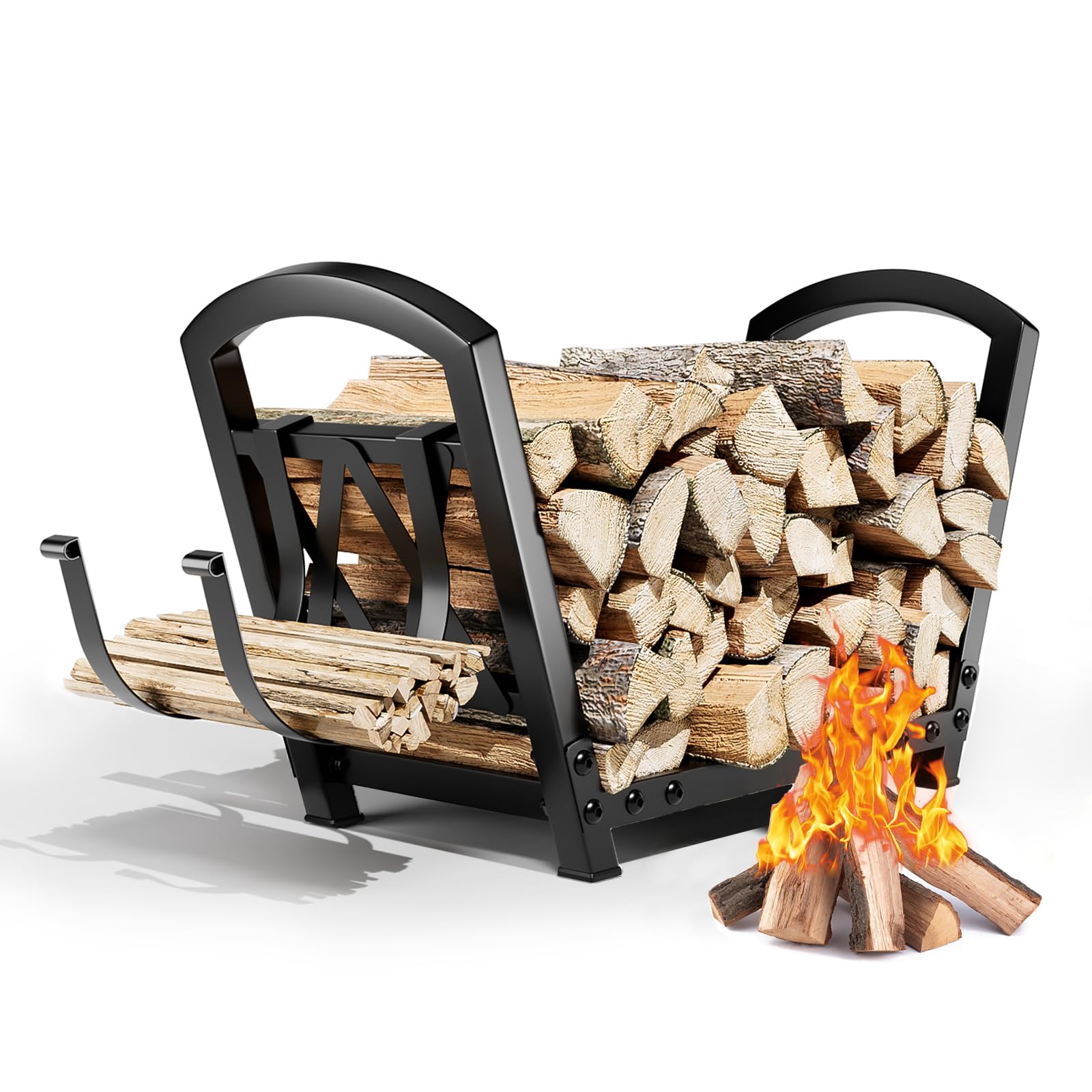Habit Garden Indoor/Outdoor Firewood Rack with Kindling Hooks - Heavy Duty Steel Log Holder for Firewood Storage - Compact 25x12x16 Inch Firewood Organizer for Firepit, Deck, Patio & Fireplace Use